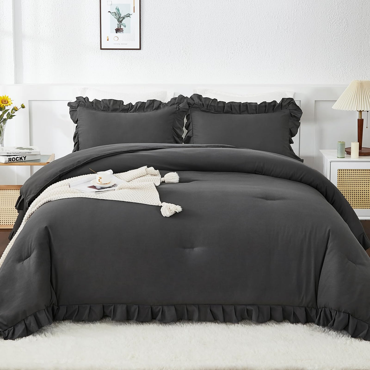 Andency Queen Comforter Set Dark Gray, 3 Pieces Boho Lightweight Summer Solid Bedding Comforters & Sets, Double Women Men Grey Ruffle Farmhouse Bed Set (90X90In Comforter & 2 Pillowcases)