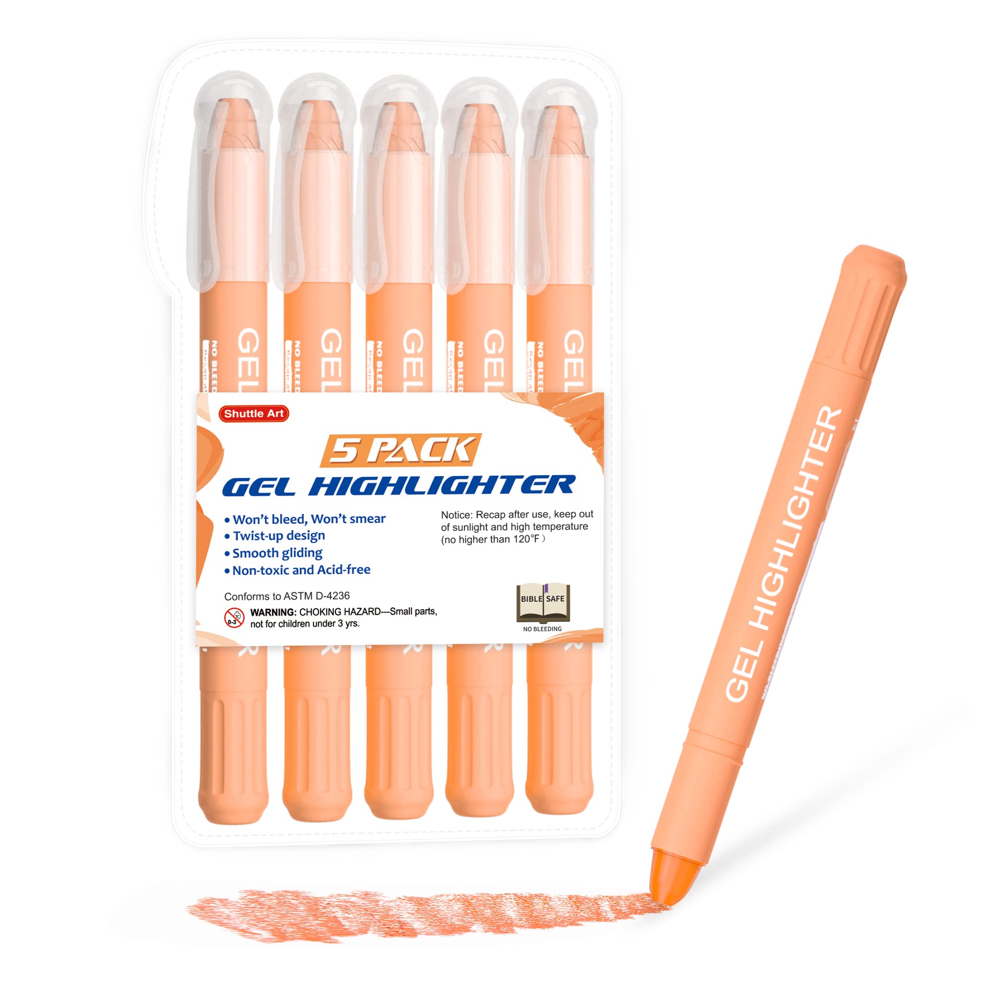 Shuttle Art 5 Pack Orange Gel Highlighters,Bible Highlighters,No Bleed Through, Bible Journaling Supplies,Great For Journaling,
