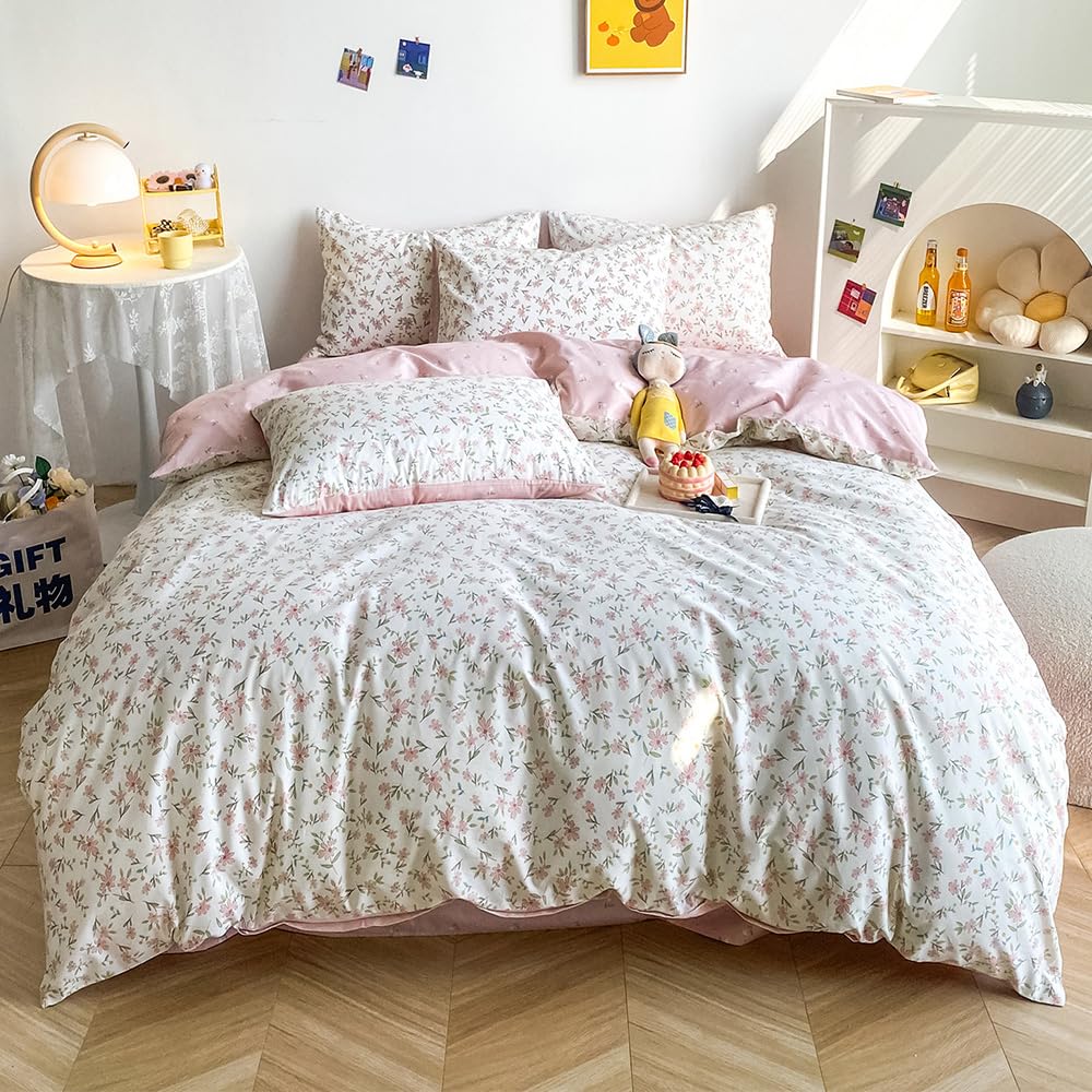 Highbuy White Cotton Floral Duvet Cover Queen Girl Pink Floral Bedding Sets,Garden Style Botanical Coquette Bedding Comforter Co