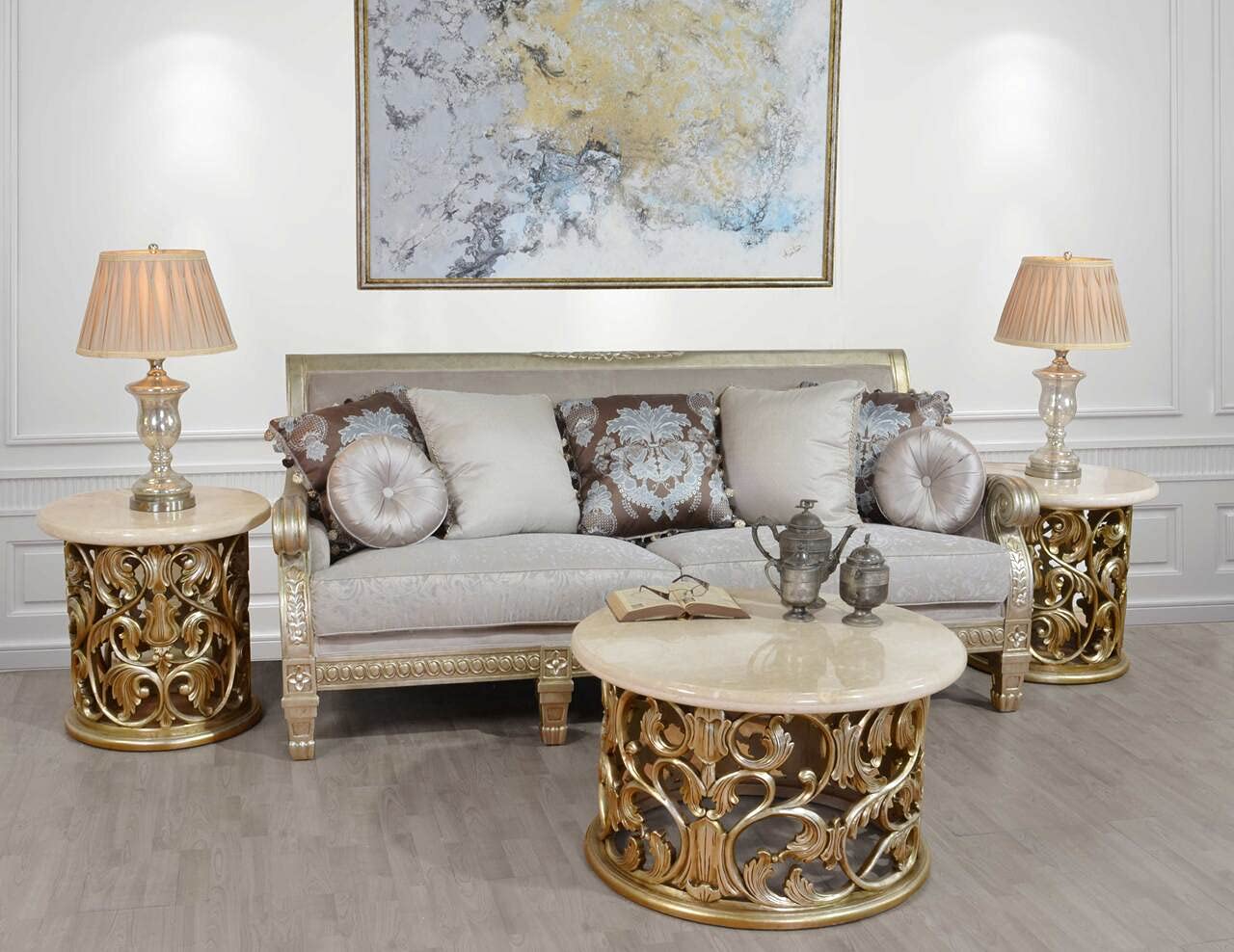 Afd Home Platine Round Coffee Table, Silver Platina, Cream Marble