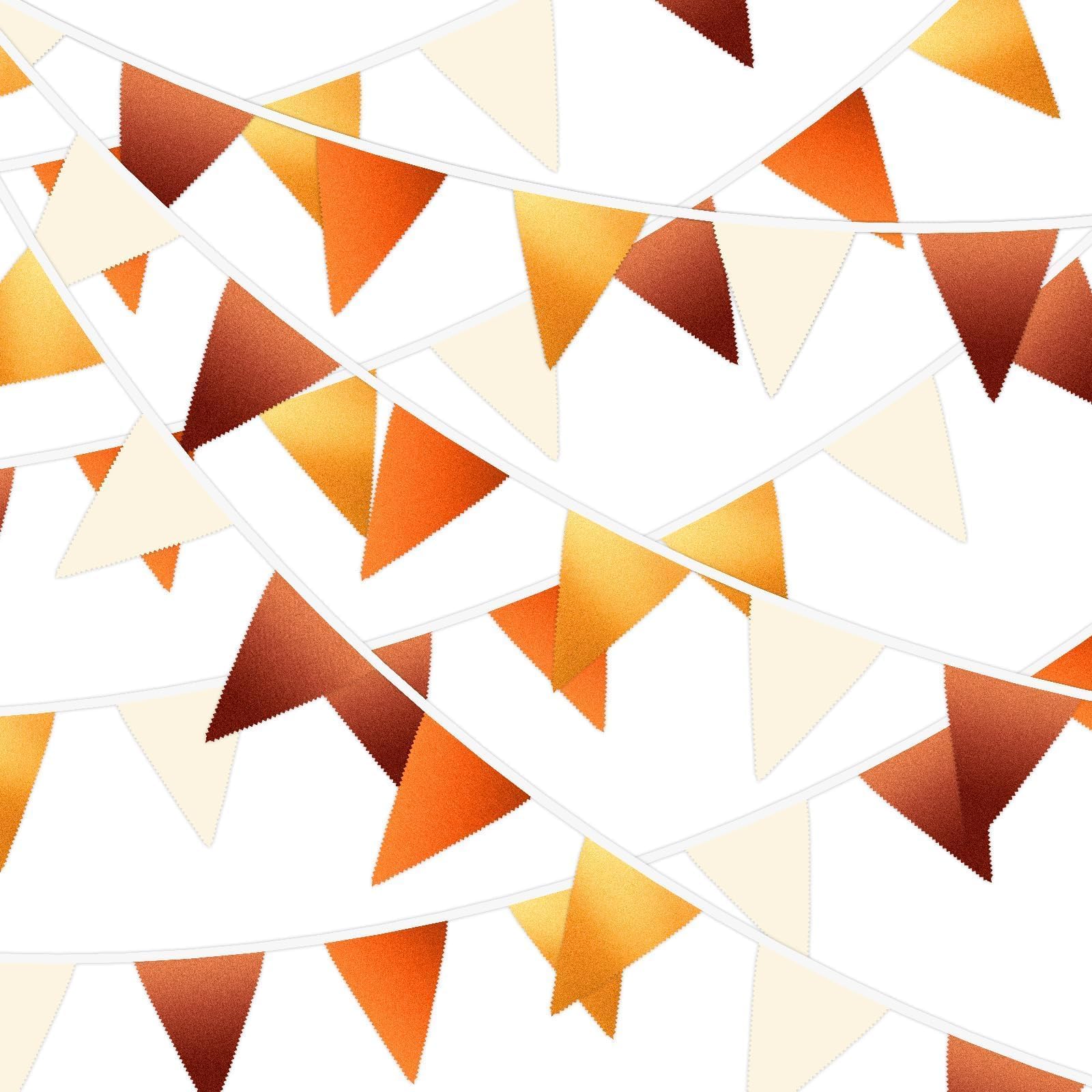 MARFOREVER 30 Pcs Fall Banner Decorations 28 Ft Orange Gold Brown Triangle Flag Fabric Bunting for Happy Fall Decor Thanksgiving