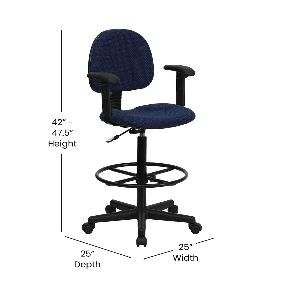 Flash Furniture Bruce Navy Blue Patterned Fabric Drafting Chair with Adjustable Arms (Cylinders: 22.5''-27''H or 26''-30.5''H)