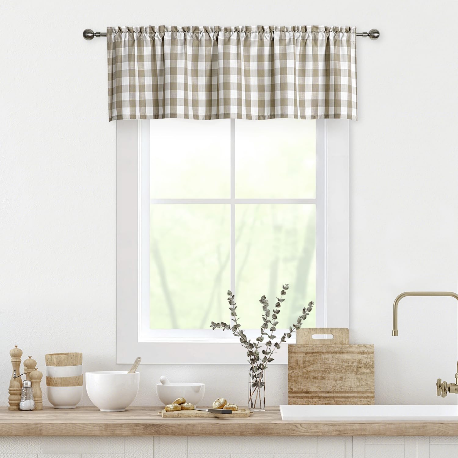 Bapawfish Beige Buffalo Plaid Valance for Kitchen, Tan Buffalo Checkered Gingham Valance Curtains for Windows, Rod Pocket Retro 