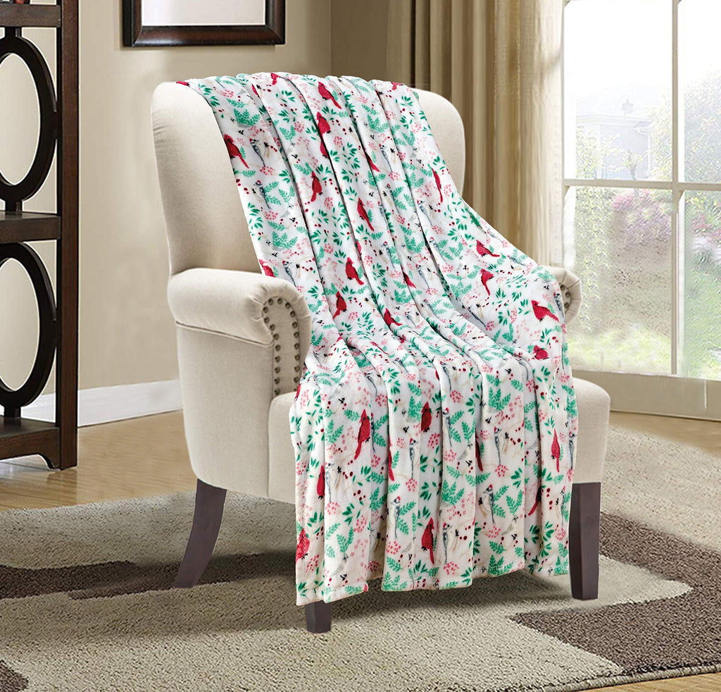 Elegant Comfort Velvet Touch Ultra Plush Christmas Holiday Printed Fleece Throw/Blanket-50 X 60Inch, (Cardinal)