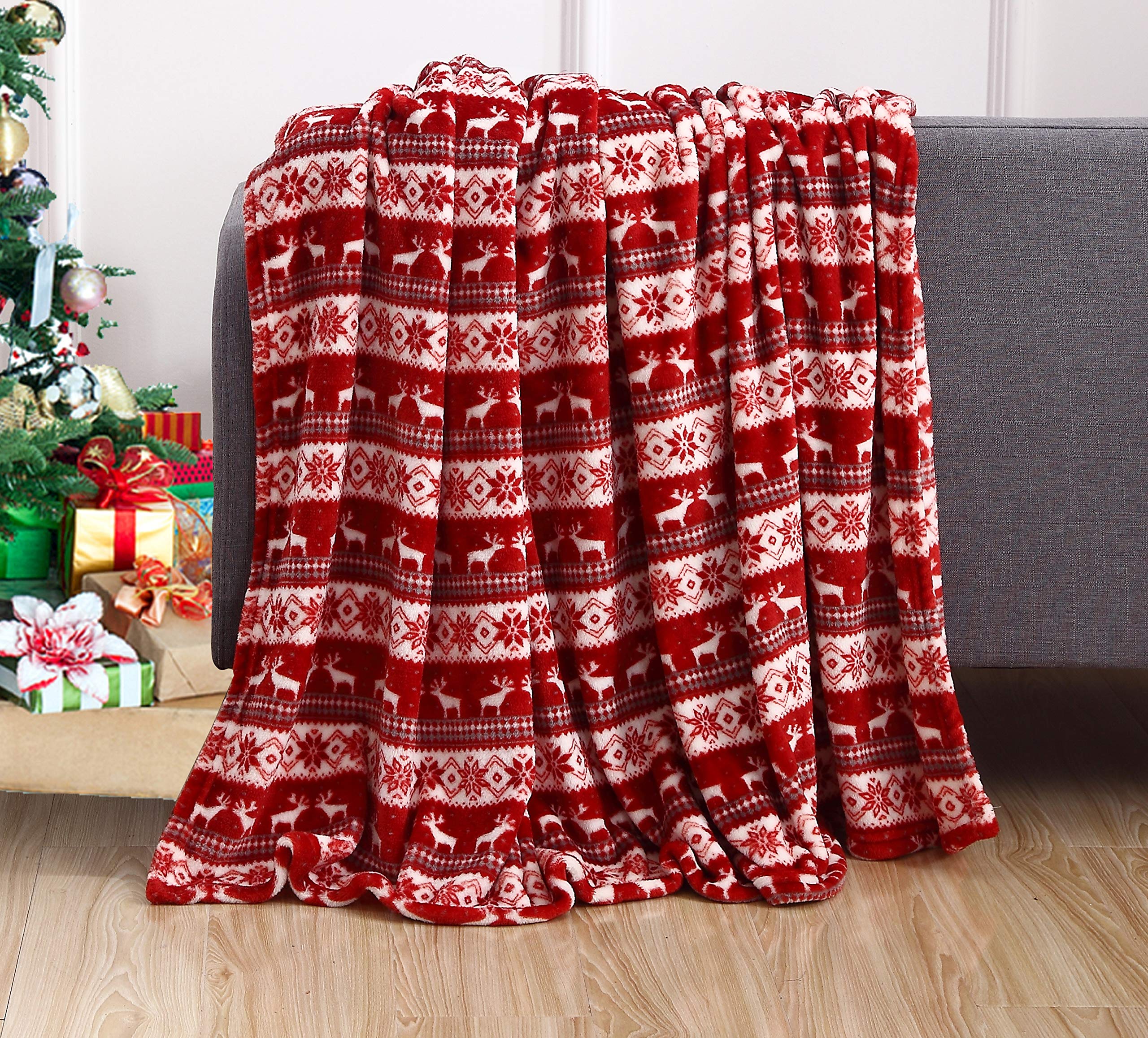Elegant Comfort Velvet Touch Ultra Plush Christmas Holiday Printed Fleece Throw/Blanket-50 X 60Inch, (Double Deer)