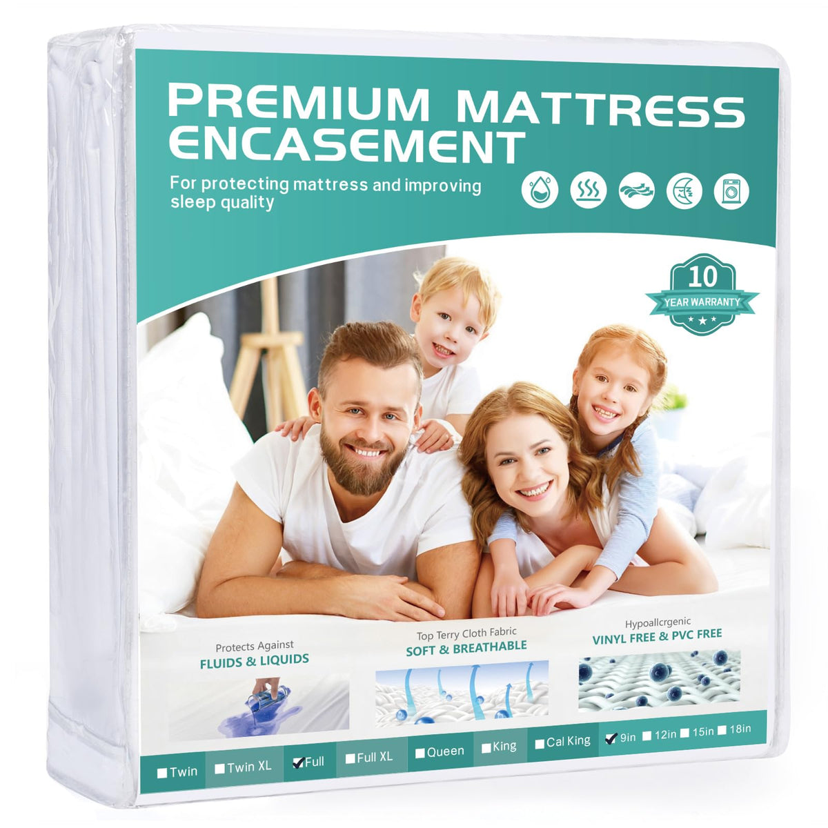 Winkaura Full Size Waterproof Mattress Protector Fits 6-9' Deep Pocket Spring 54X75, Zippered Mattress Encasement Cover With Br