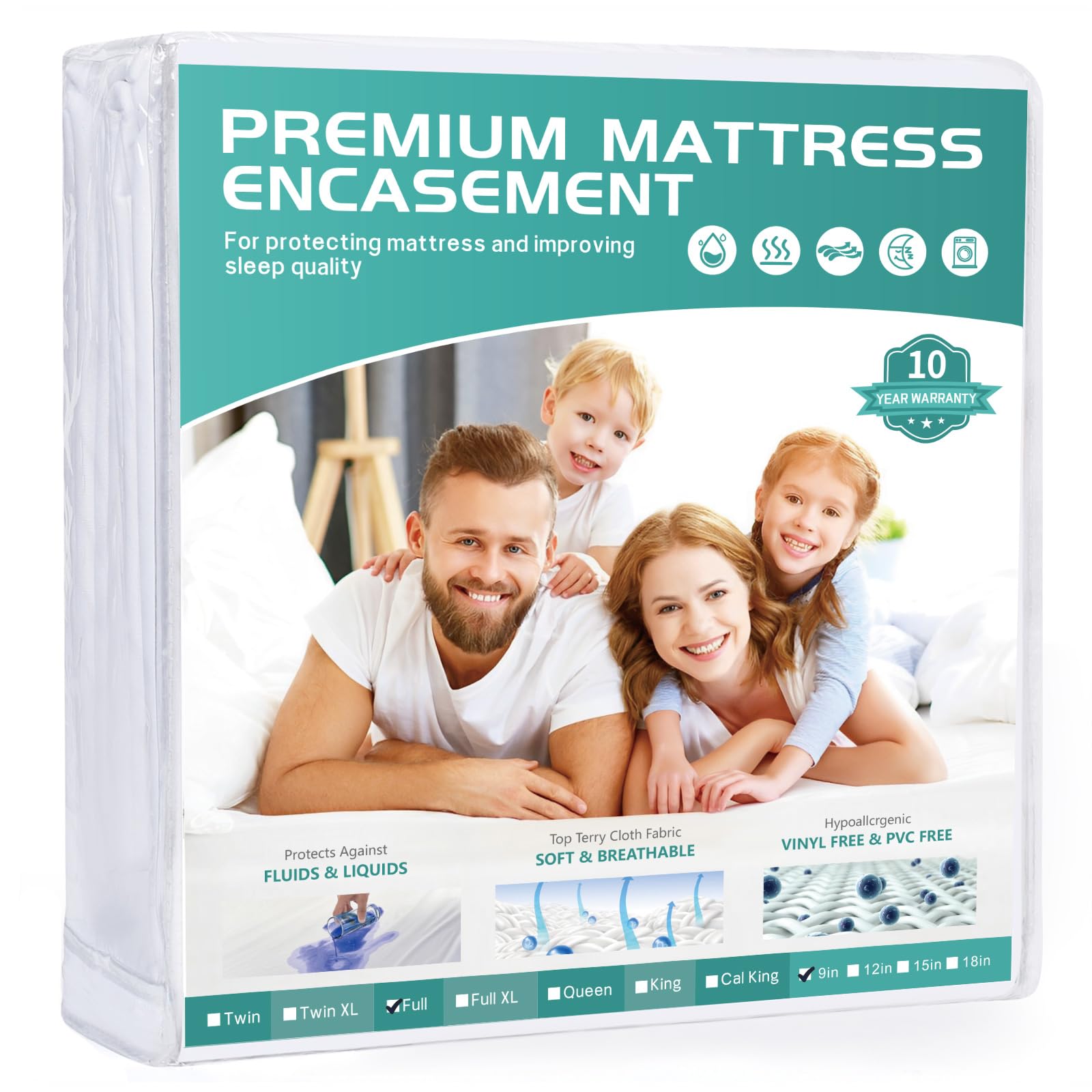 Winkaura Full Size Waterproof Mattress Protector Fits 6-9' Deep Pocket Spring 54X75, Zippered Mattress Encasement Cover With Br