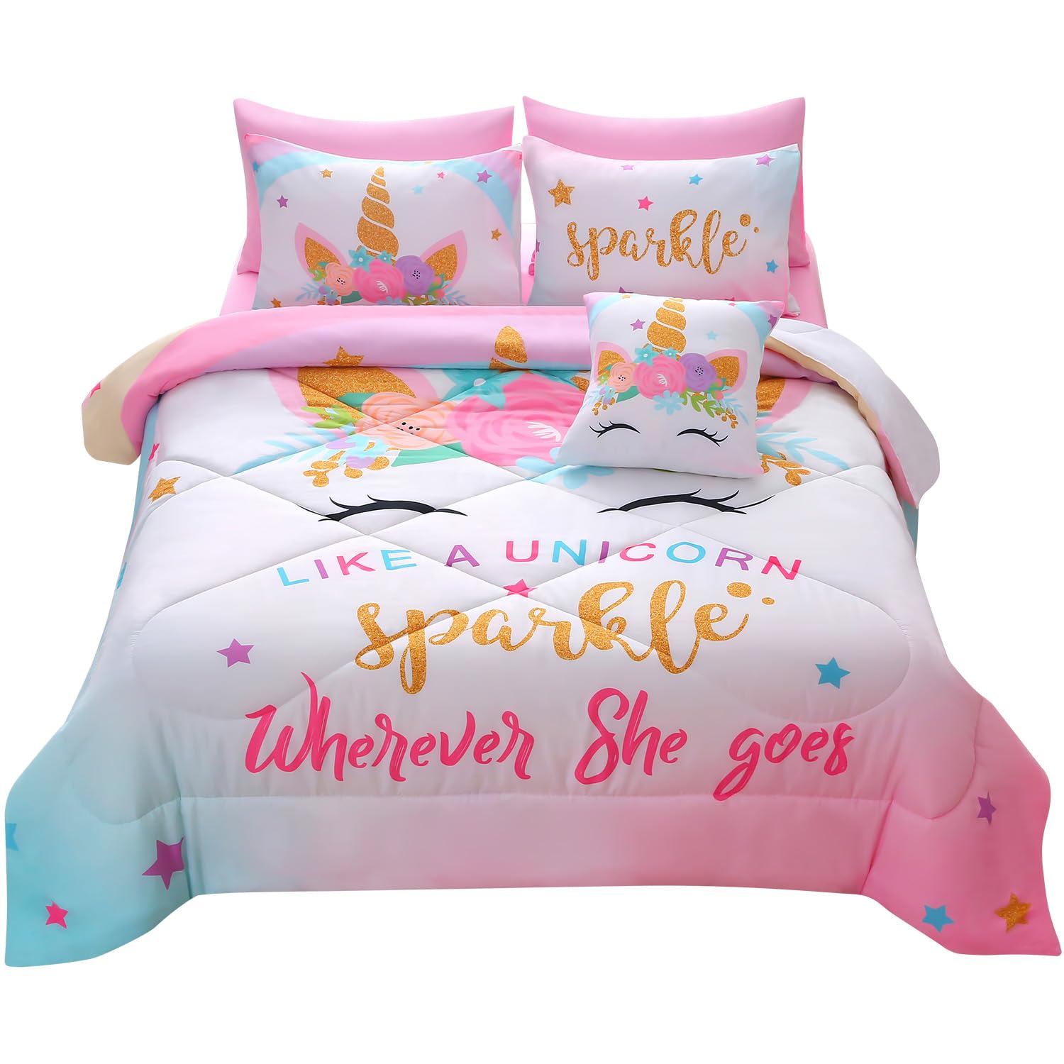 Jqinhome Unicorn Queen Bedding Sets For Girls Kids,8 Piece Bed In A Bag 3D Colorful Flower Girl Unicorn Comforter Set With Sheet