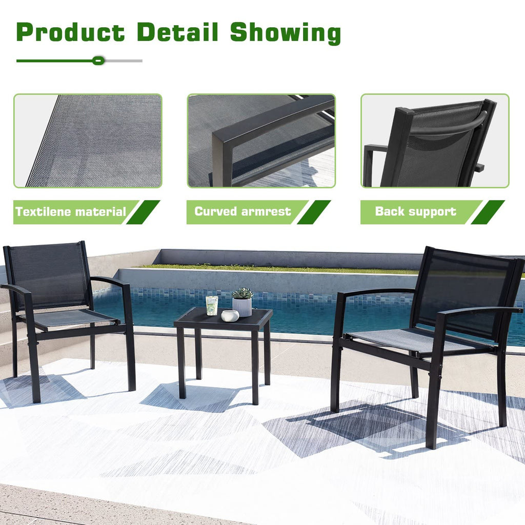 Flamaker Patio Chairs 3 Piece Outdoor Textilene Fabric Bistro Conversation Set With Side Table All Weather Porch Furniture For Balcony, Poolside, Lawn (Black)