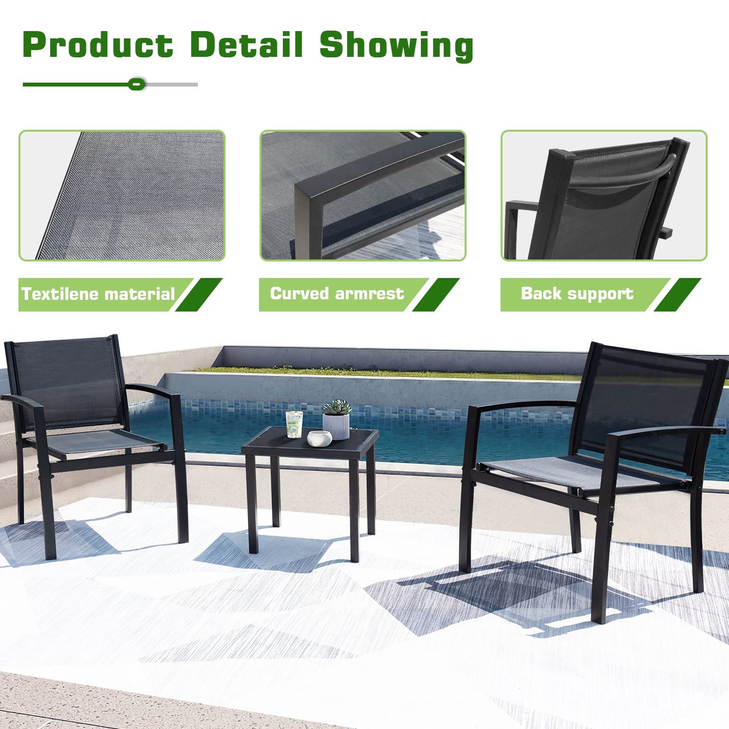 Flamaker Patio Chairs 3 Piece Outdoor Textilene Fabric Bistro Conversation Set With Side Table All Weather Porch Furniture For Balcony, Poolside, Lawn (Black)