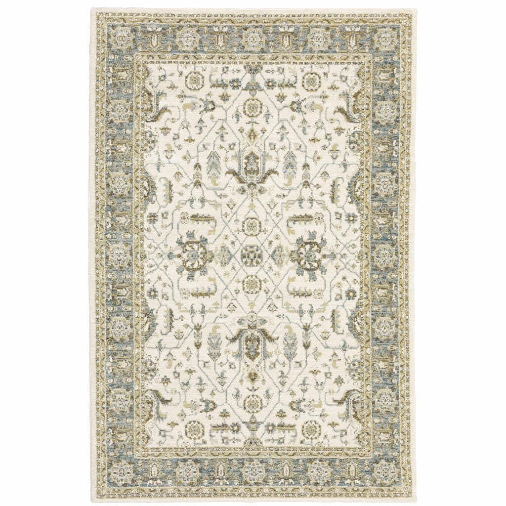 HomeRoots 510097 6 x 9 ft. Ivory Gray & Blue Oriental Power Loom Stain Resistant Rectangle Area Rug