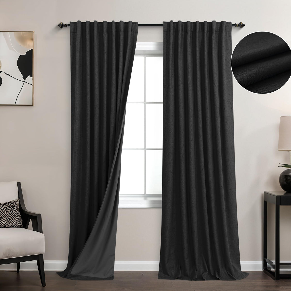 Koufall Black Linen Textured Total Blackout Curtains 52 X 84 Inches Long For Bedroom,Back Tab Pleated Window Curtain Panels Set