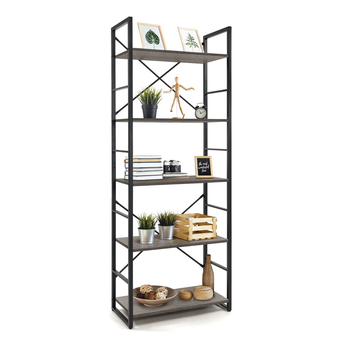 Caphaus 5 Tier Bookshelf, 24 Inch Width Free Standing Shelf, Bookcase Shelf Storage Organizer, Industrial Book Shelves For Home Office, Living Room, Kitchen, Dark Grey