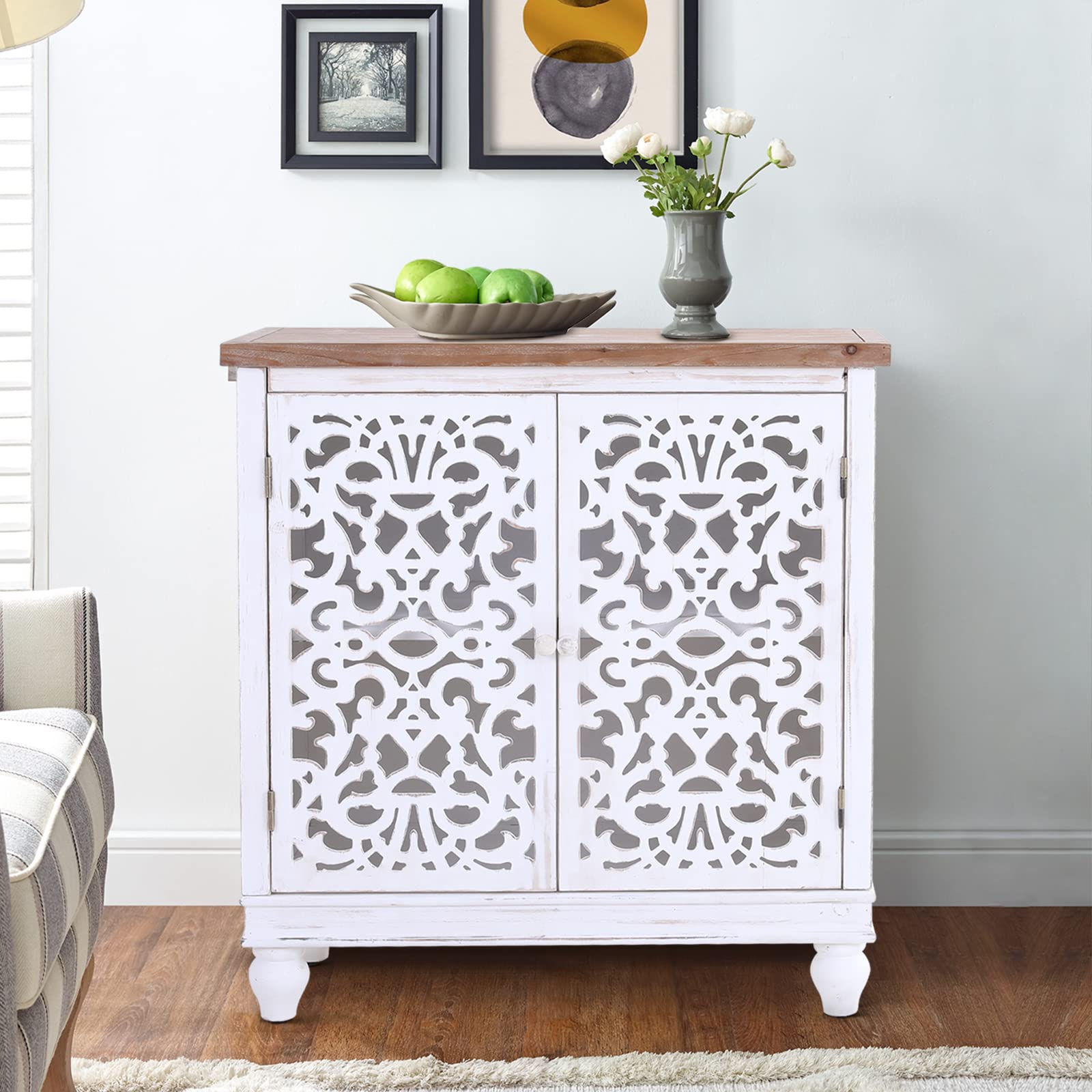 Sophia & William Accent Cabinet With 2 Doors, Distressed Storage Cabinet With Wood Frame And Hollow-Carved Door For Entryway Living Room, White