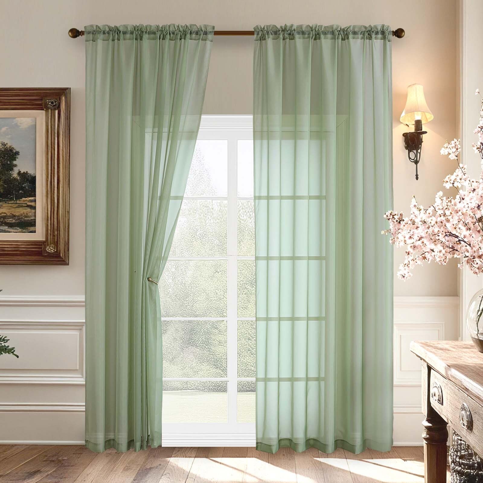 Aiyufeng 2 Pack: Basic Sage Green Sheer Curtain Drapes for Living Room 84 Inch Length 2 Panels, Light Filtering Voile Drapes for