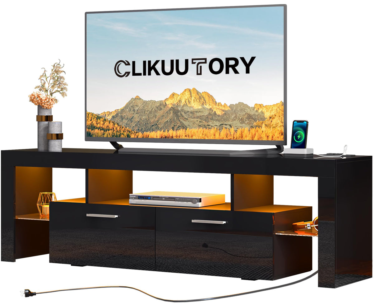 Clikuutory Modern Led Black 67 Inch Tv Stand With Power Outlet And Large Storage For 40 50 55 60 65 70 75 Inch Tvs, Wood Tv Console With High Glossy Entertainment Center For Living Room, Bedroom