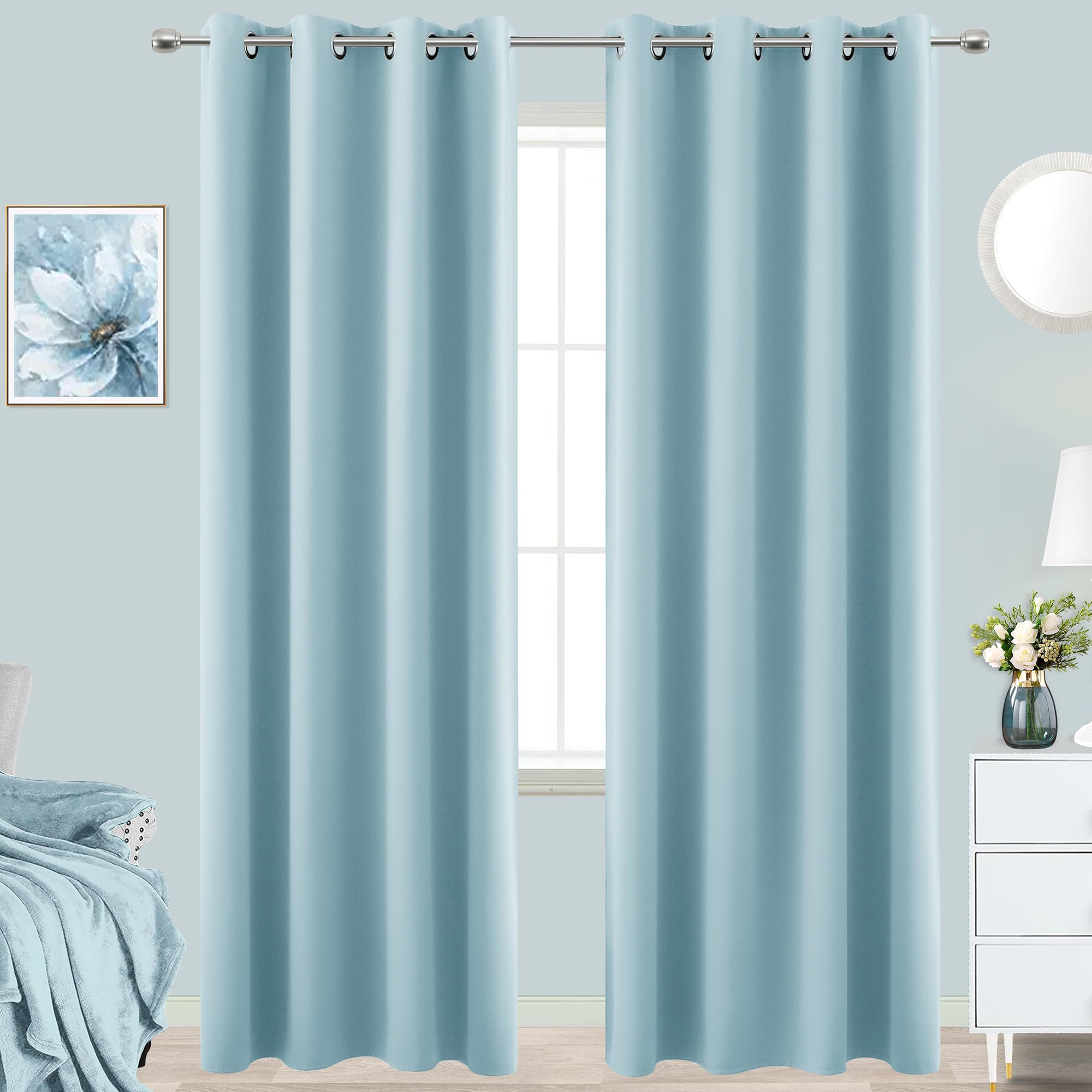 KOUFALL Light Blue Curtains 96 Inches Long for Living Room,Ice Blue Winter Christmas Decorations,Blackout Room Darkening Grommet