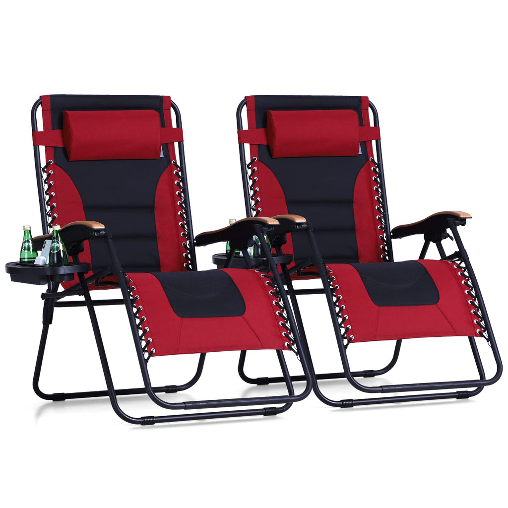Phi Villa Xxl Oversized Padded Zero Gravity Chair, Foldable Patio Recliner, 30' Wide Seat Anti Gravity Lounger With Cup Holder, Set Of 2, Support 400 Lbs (Red)
