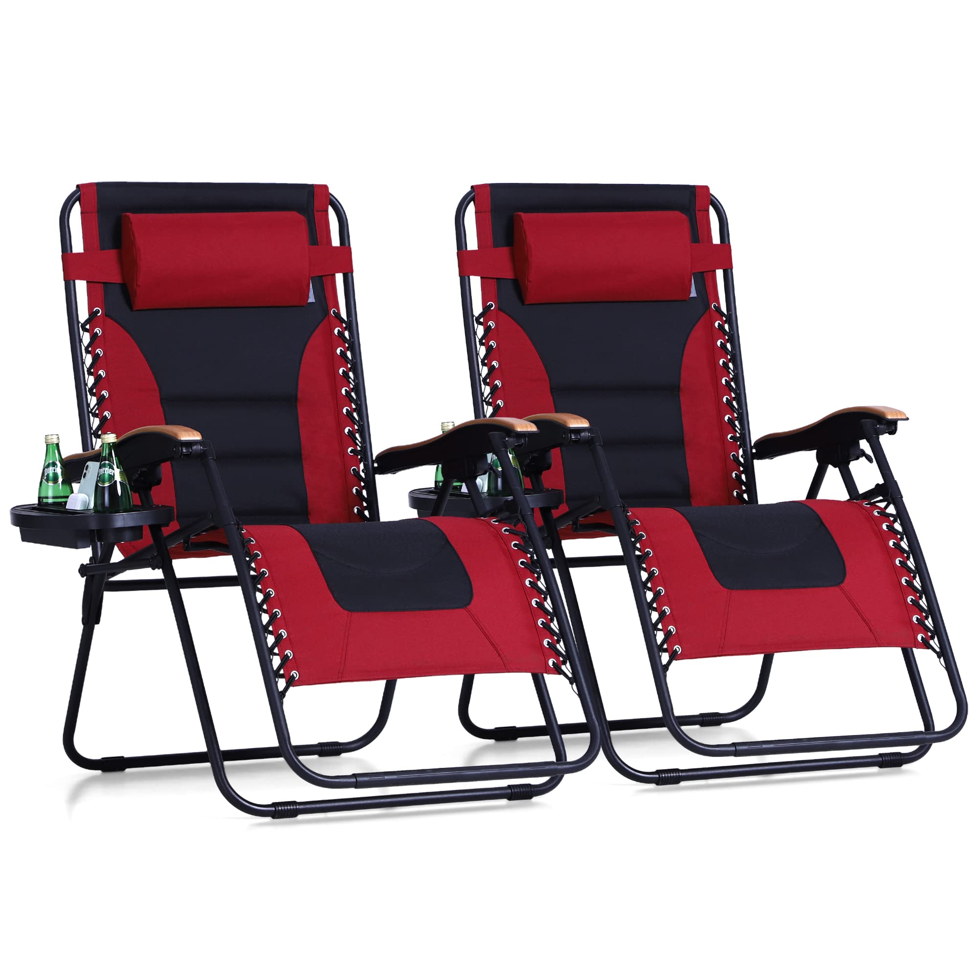Phi Villa Xxl Oversized Padded Zero Gravity Chair, Foldable Patio Recliner, 30' Wide Seat Anti Gravity Lounger With Cup Holder, Set Of 2, Support 400 Lbs (Red)