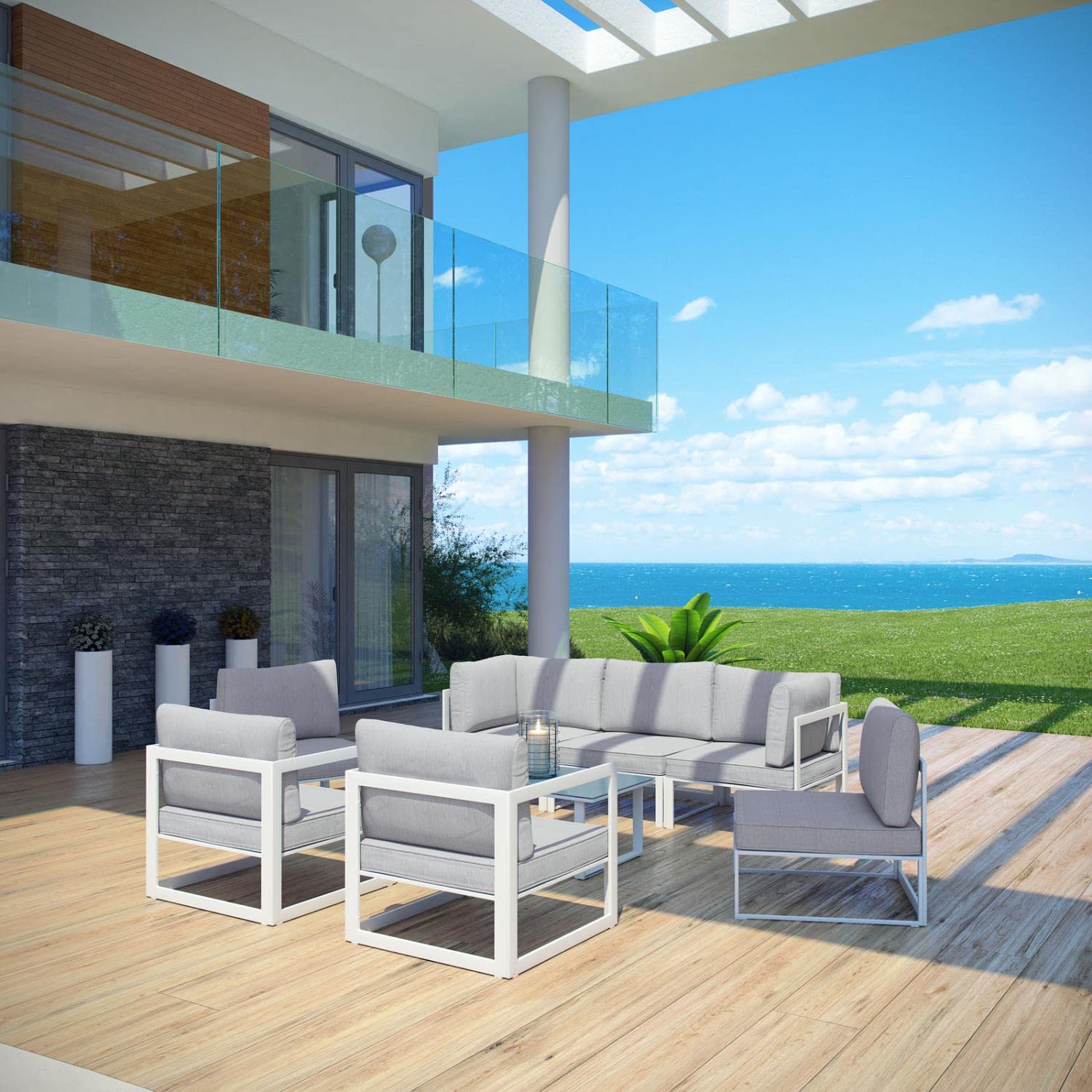 Modway Fortuna 8 Piece Outdoor Patio Sectional Sofa Set Eei-1725-Whi-Gry-Set