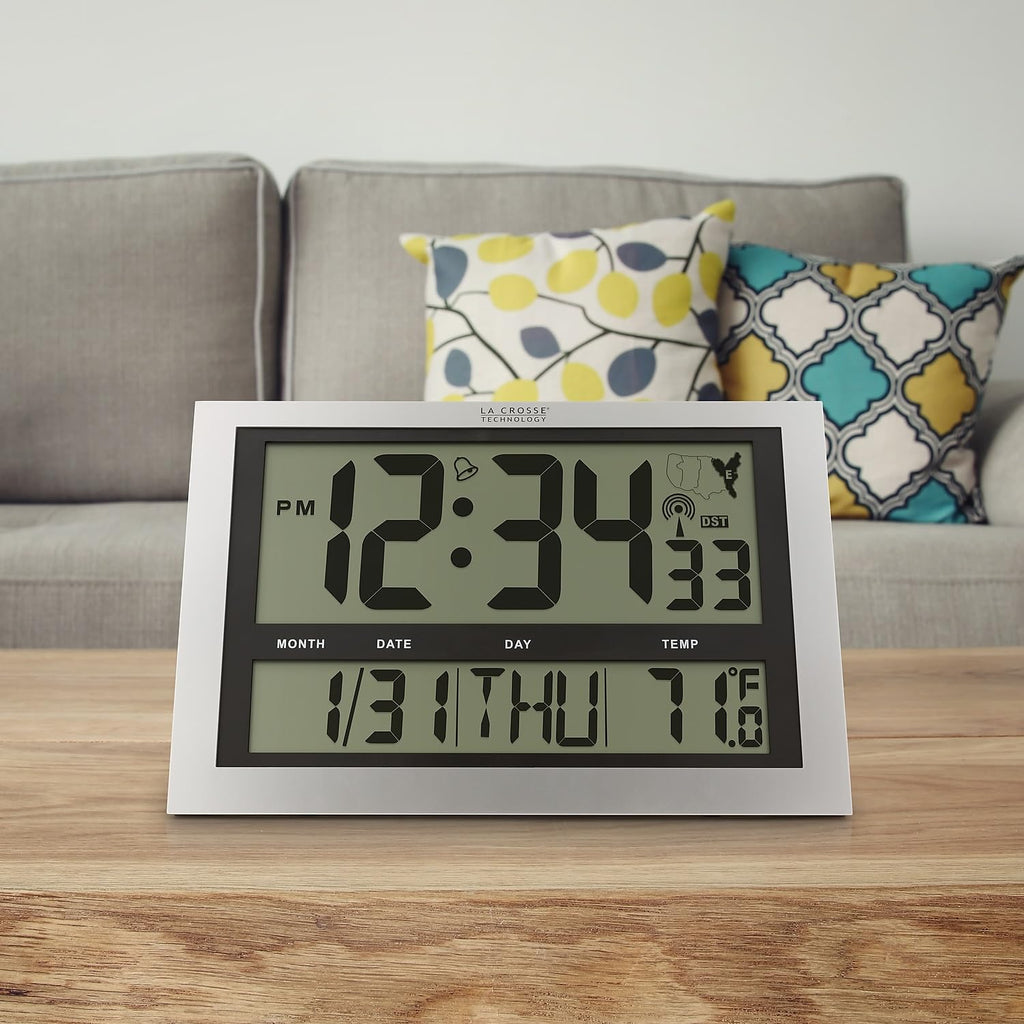 La Crosse Technology 513-1211 Atomic Wall Clock With Jumbo Lcd Display With Indoor Temperature , Silver