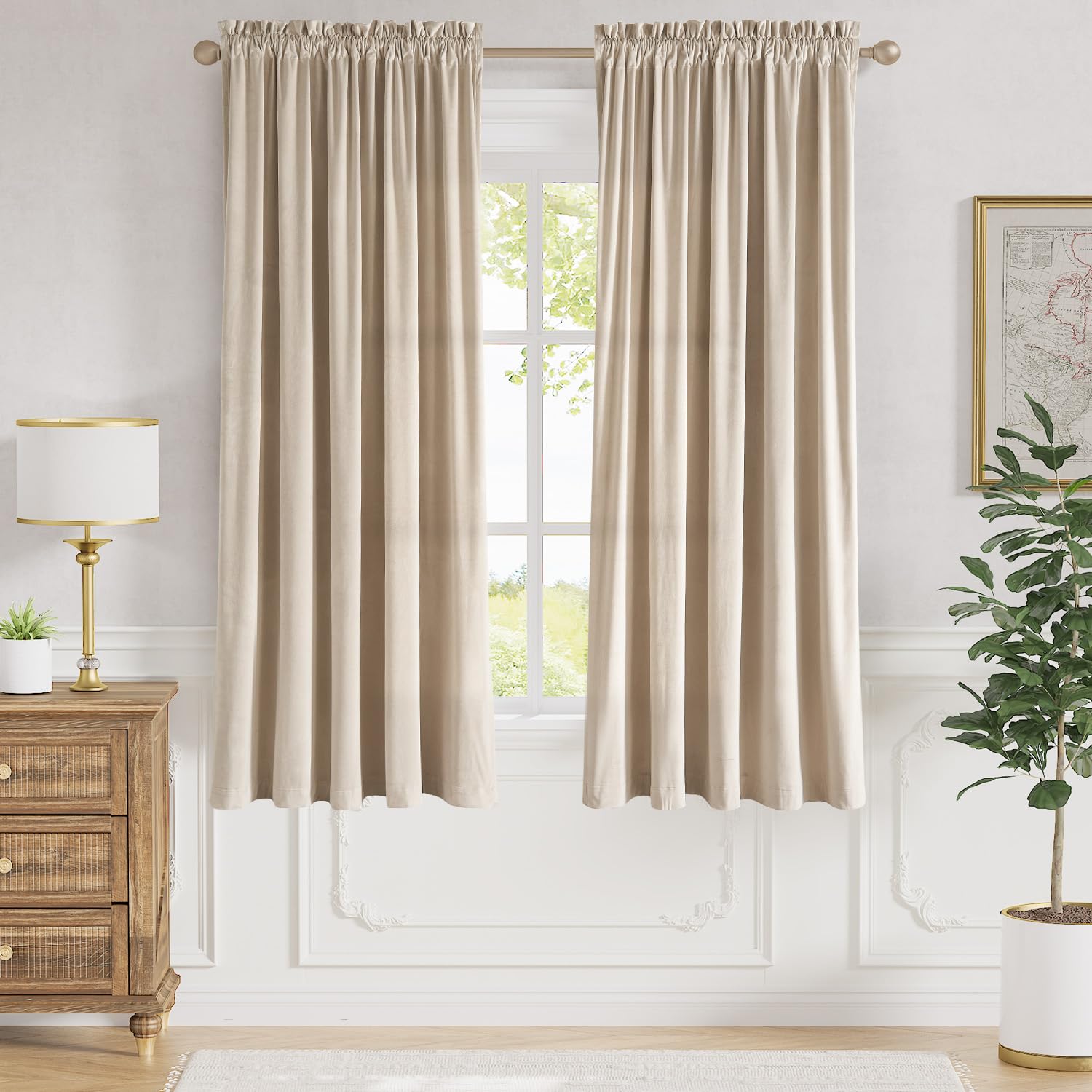 Lazzzy Beige Velvet Curtains Thermal Insulated Curtains 72 Inch Long Room Darkening Window Drapes For Bedroom Living Room Super Soft Luxury Velvet Curtains Window Treatment 2 Panels, Rod Pocket Beige