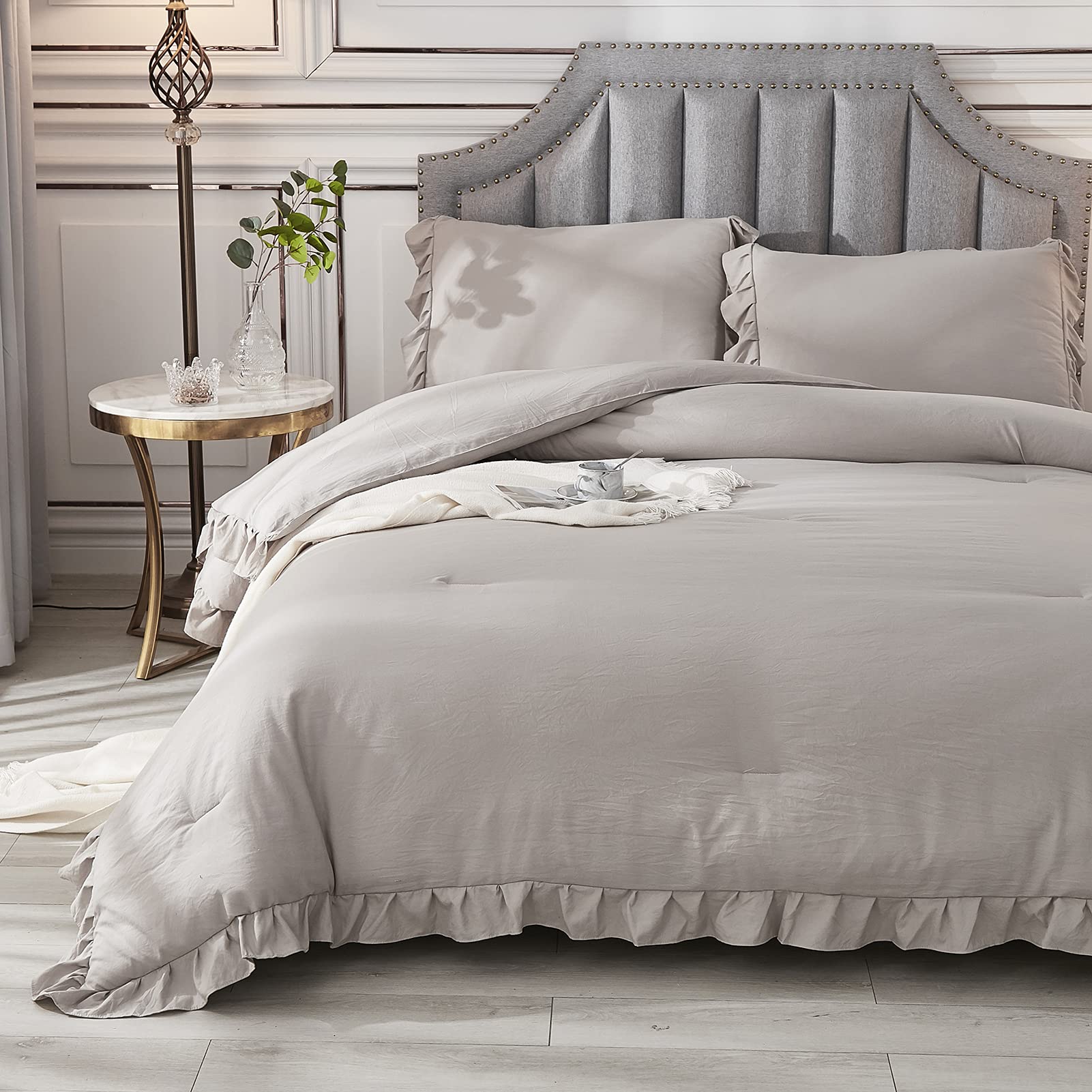 Andency Wheat Ruffled Comforter King(104X90Inch), 3 Pieces(1 Ruffle Comforter And 2 Pillowcases) Vintage Ruffle Fringe Comforter, Farmhouse Rustic Microfiber Down Alternative Bedding Comforter Set