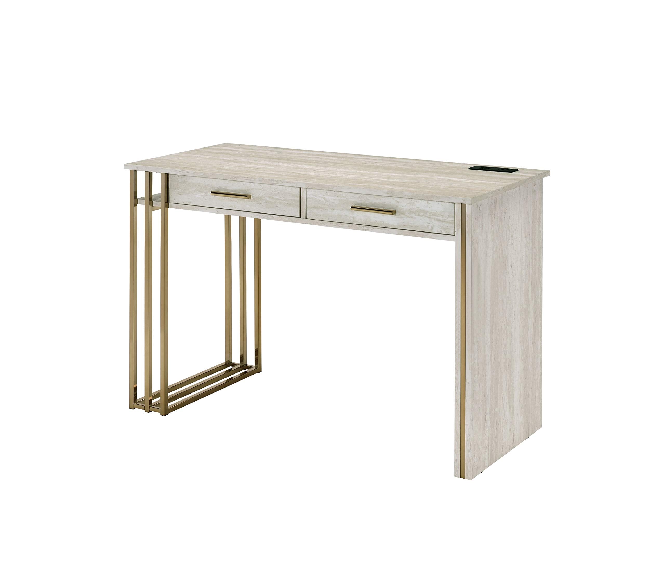 Acme Tyeid Wooden Writing Desk with USB Port in Antique White and Gold