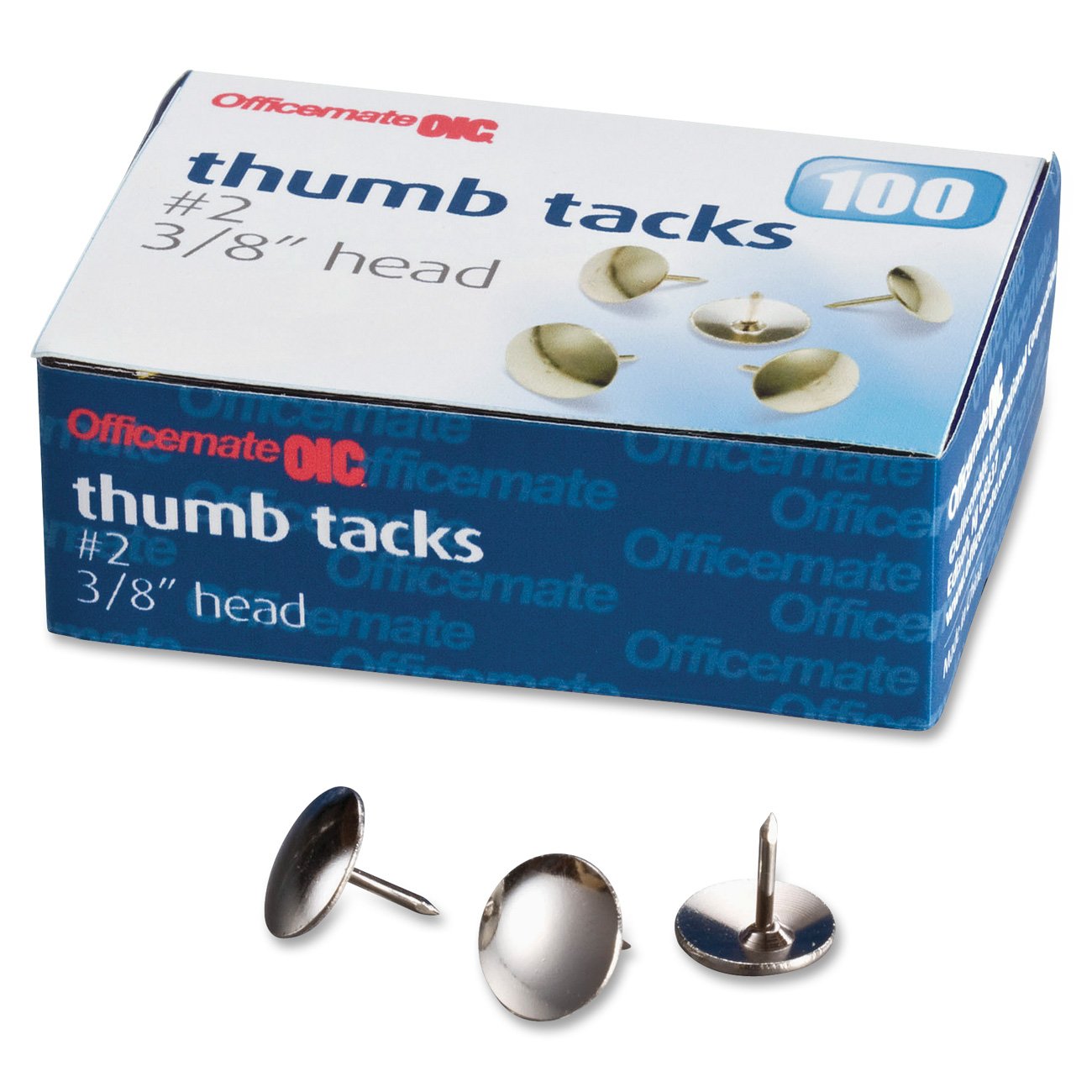 Officemate Steel Thumb Tacks, 3/8 Inch Head, Silver, Box Of 100 (92912)