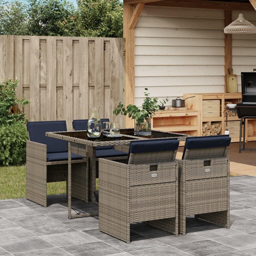 vidaXL Gray Poly Rattan Patio Dining Set with Cushions - 5 Piece Garden Furniture with Foldable Chairs and Tempered Glass Table for Garden, Backyard, or Patio - Lightweight & Weather-Resistant