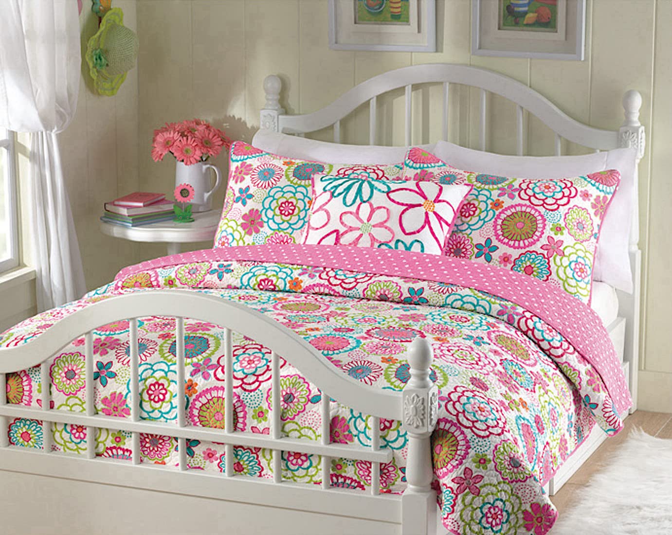 Cozy Line Home Fashions Pink Mariah King - 4 Piece Floral Polka Dot Reversible Quilt Bedding Set, Coverlet, Bedspreads For Girls