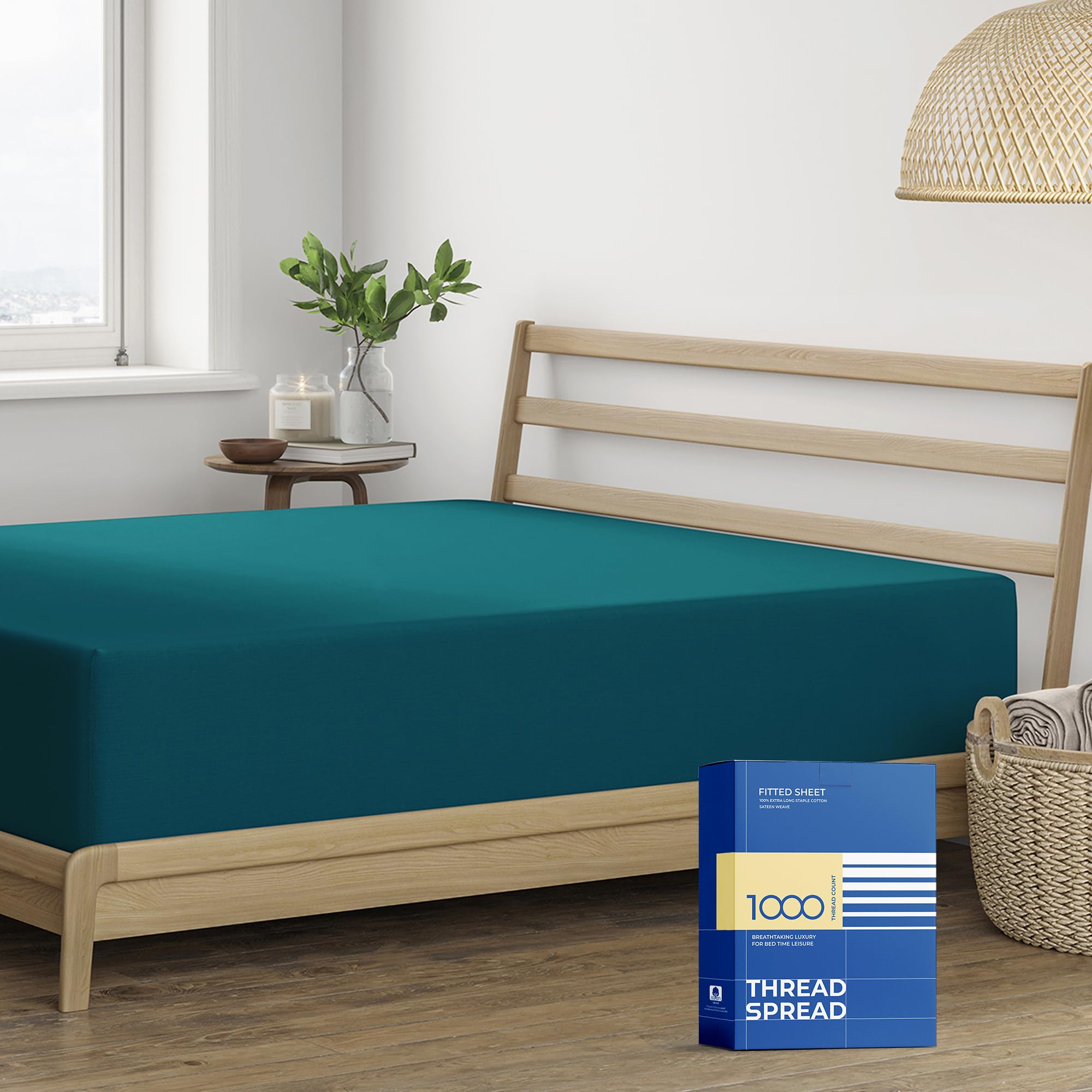 Thread Spread Egyptian Cotton Sateen Weave - 1000 Thread Count Fitted Sheet Only Elastic All Around - Fits Mattress Upto 18 In B