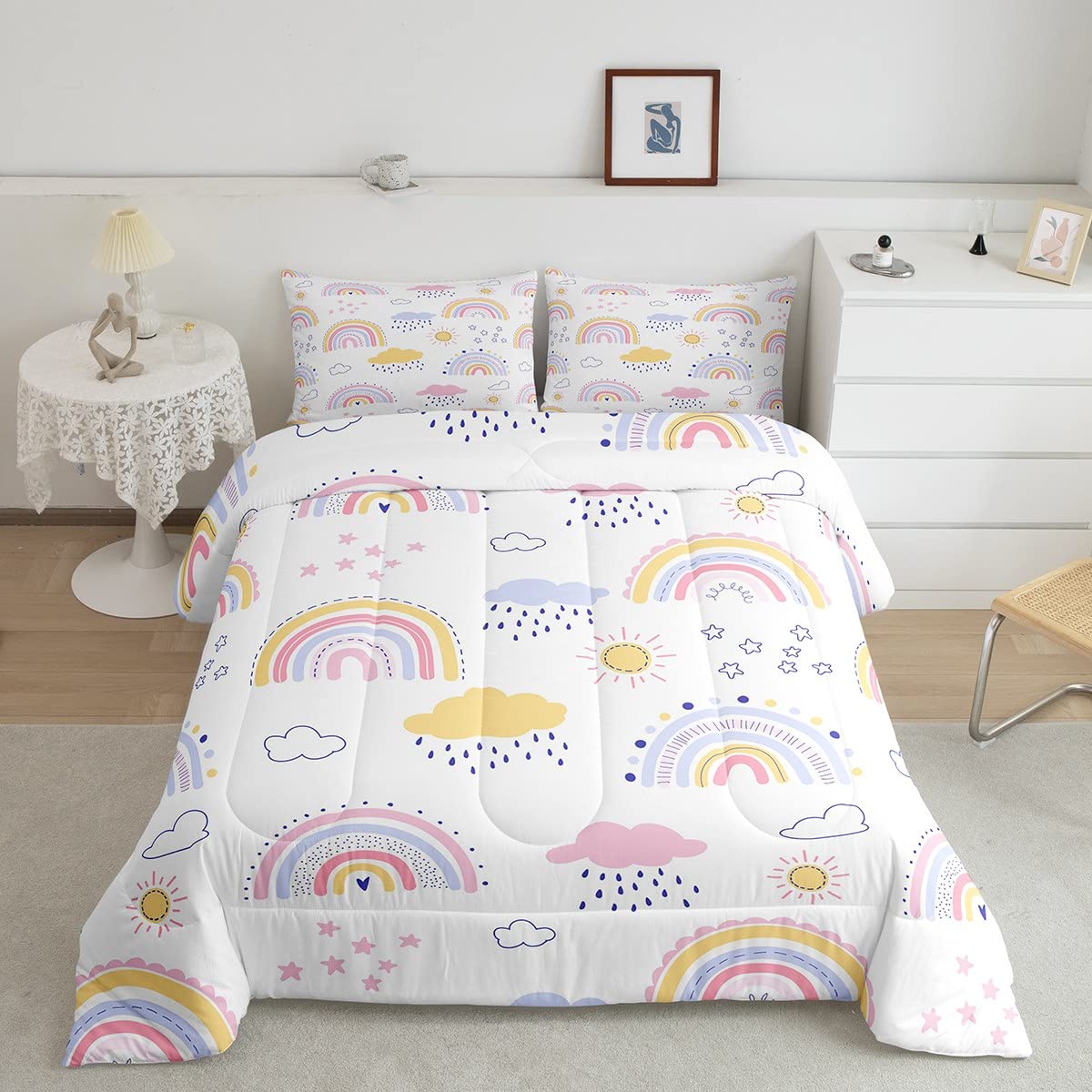 Cute Rainbow Comforter Set Kawaii Cloud Rainbow Bedding Set Full For Girls Kids Teen,Boho Cartoon Stars Sun Comforter Pink Blue