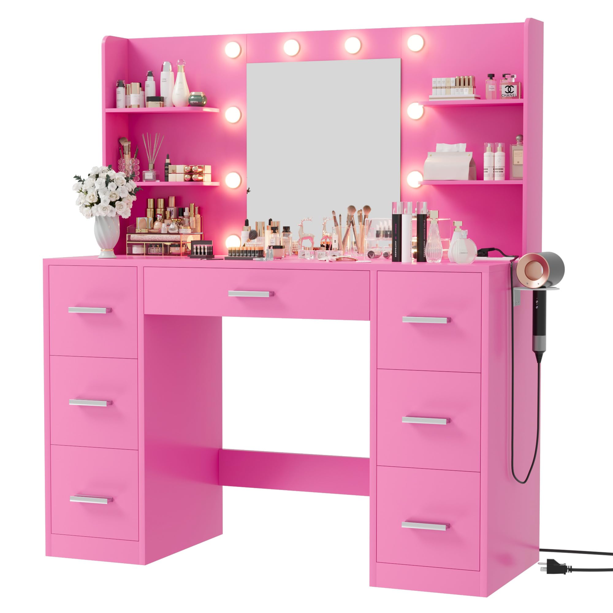 Furmax Vanity Desk with Mirror, LED Lights and Power Outlet Makeup Vanity Table with 7 Drawers and 6 Storage Shelves Dressing Ta
