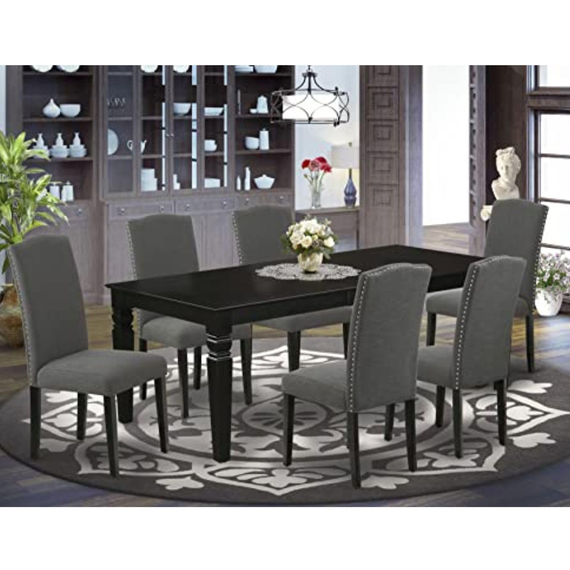 East West Furniture Ween7-Blk-20 7 Piece Dining Set Consist Of A Rectangle Dining Room Table With Butterfly Leaf And 6 Dark Gotham Linen Fabric Upholstered Chairs, 42X60 Inch, Black