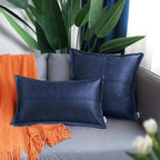 Brawarm Navy Blue Leather Throw Pillow 12 X 20 Inches, Faux Leather Pillow Cover With Piping, Hand Stitched Leather Decorative L