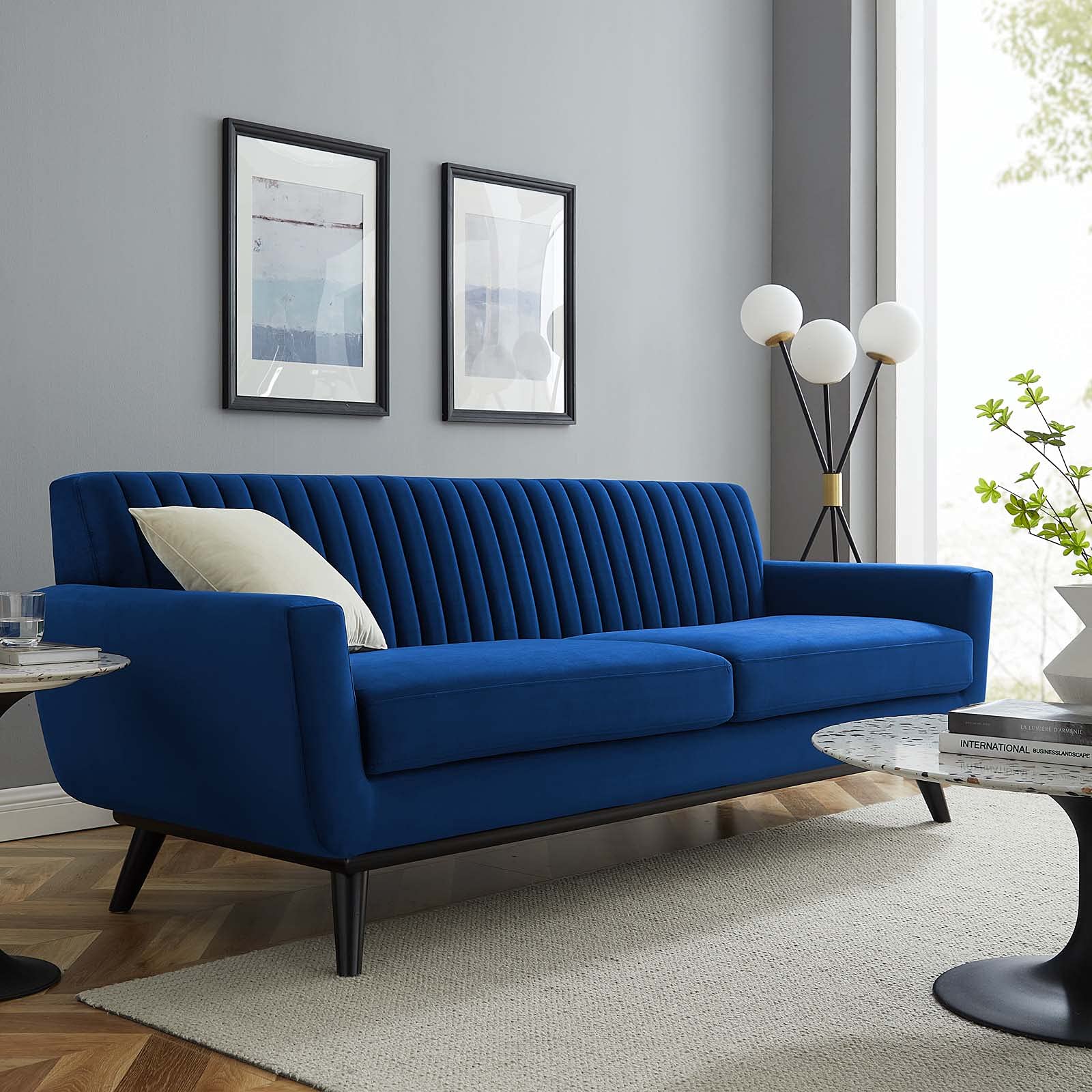 Modway Engage Channel Tufted Performance Velvet Sofa in Navy