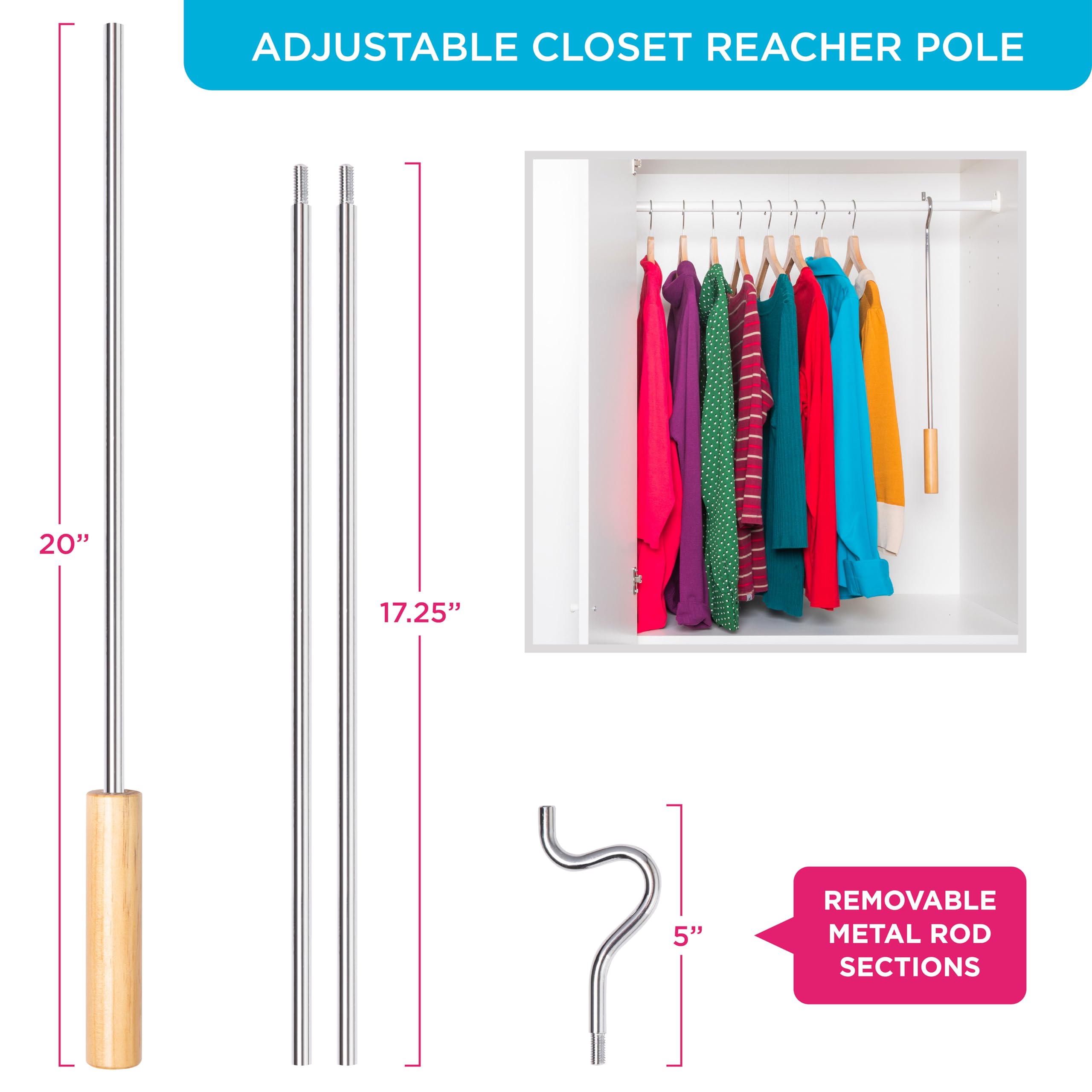 Closet Reacher Pole With Hook And Wooden Handle, Heavy Duty - Adjustable 2.75-5 Feet, Chrome Plated Steel Clothing Hanger Shephe
