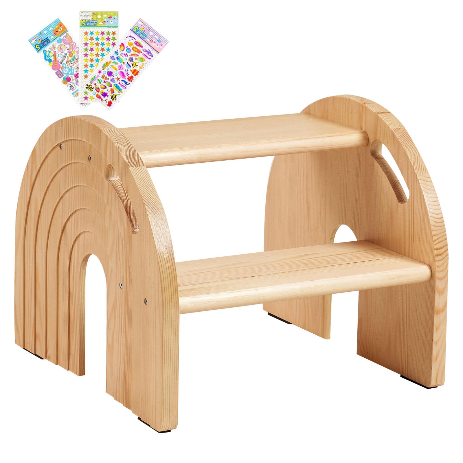 Hahasole Rainbow Wooden Toddler Step Stool, Two-Step Stool For Bathroom, Kitchen And Potty Training, With Safety Non-Slip Pad, H