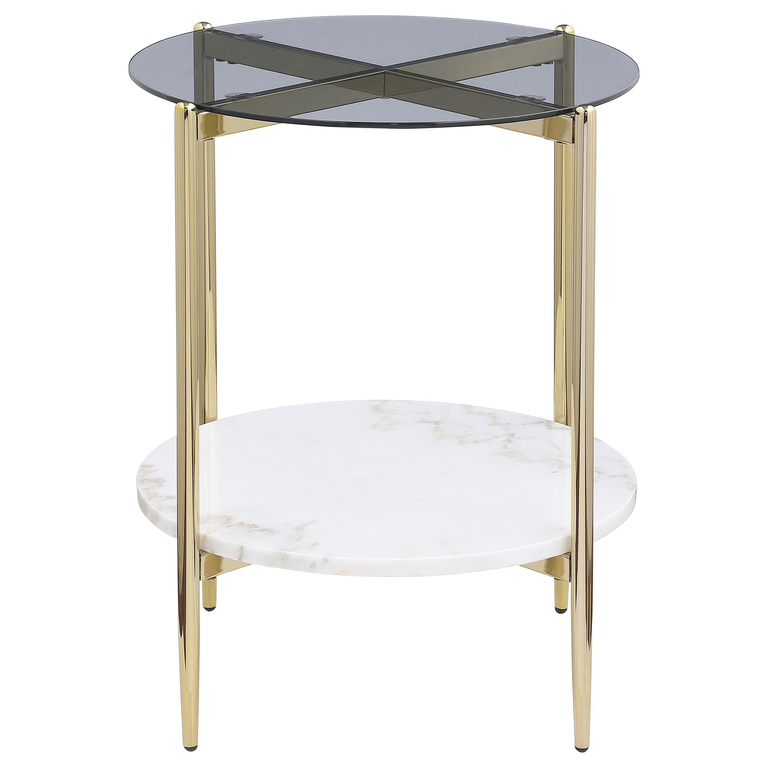 Coaster Home Furnishings Jonelle Round Glass Top End Table White Marble Shelf Gold