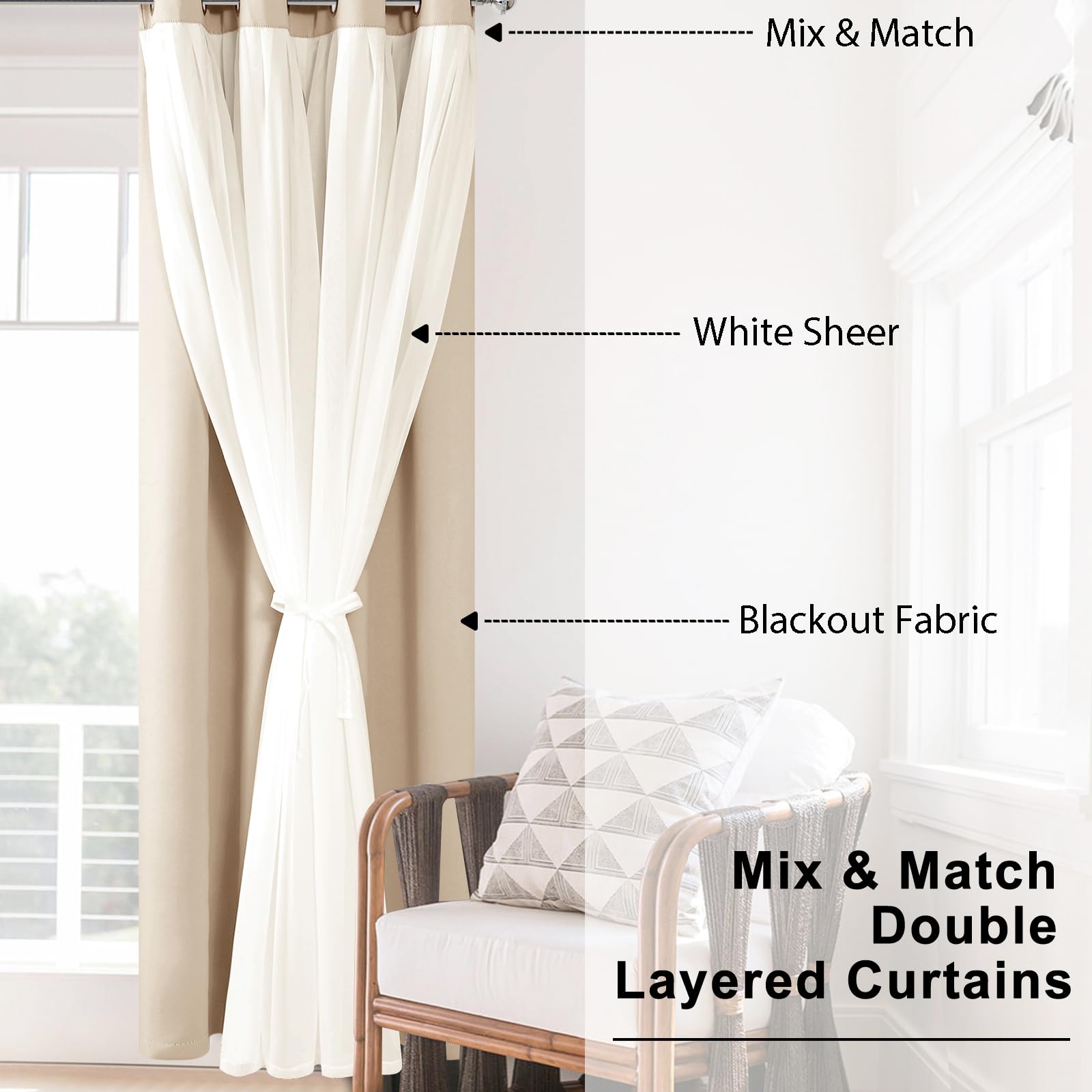 Hiasan Mix & Match Blackout Curtains With Sheer Overlay, Thermal Insulated Privacy Double Layer Room Darkening Window Curtains F