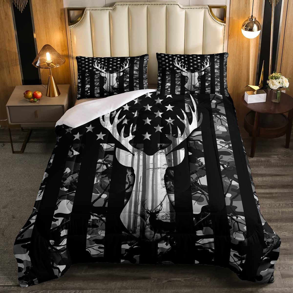 Black Grey Camo Comforter Set King Size,Camouflage American Flag Bedding Set,Deer Antlers Silhouette Down Comforter,Kids Teens A