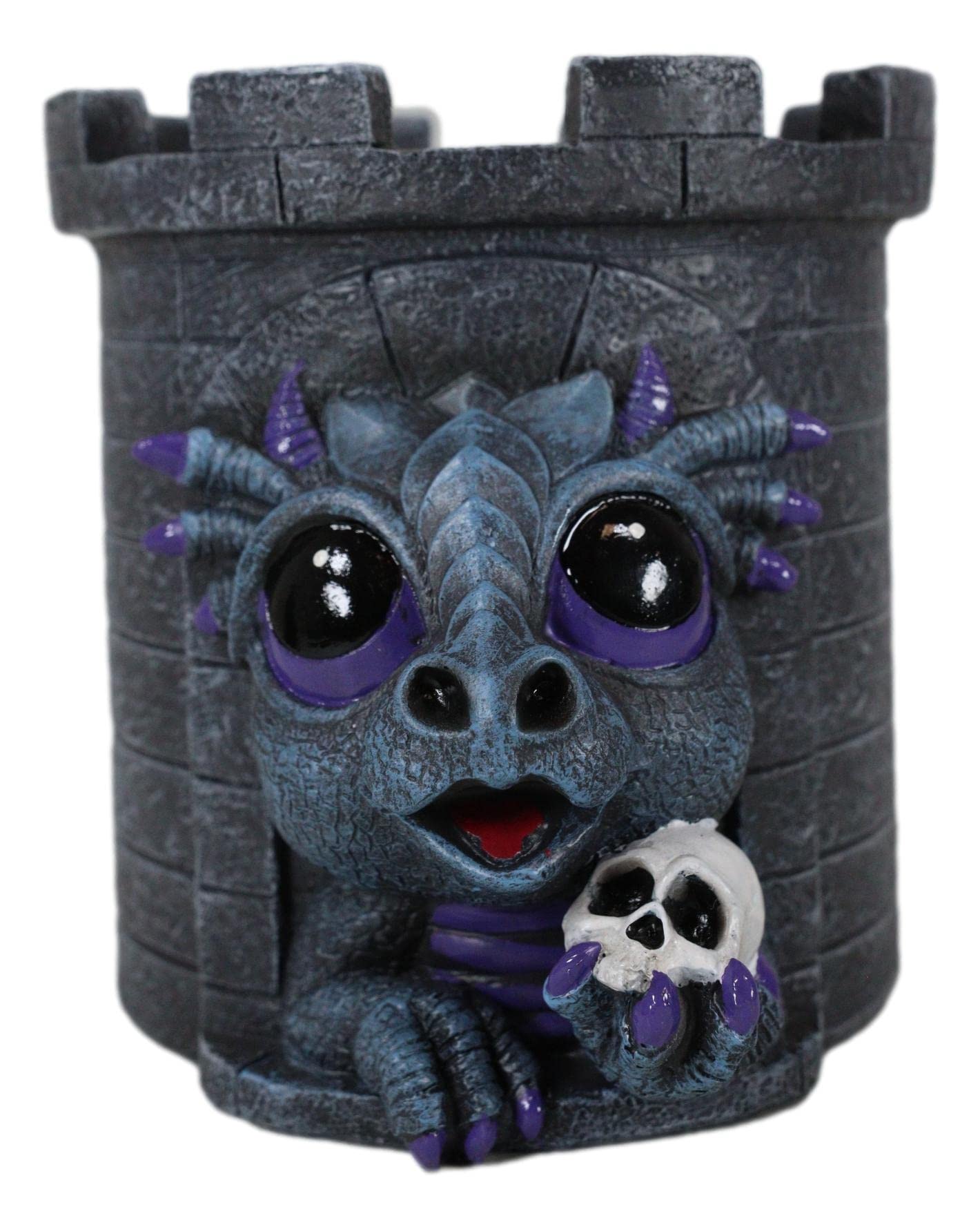 Ebros Gift Medieval Fantasy Whimsical Dragon Wyrmling Holding Skull In Castle Tower Stationery Holder Statue Gothic Dragon Theme