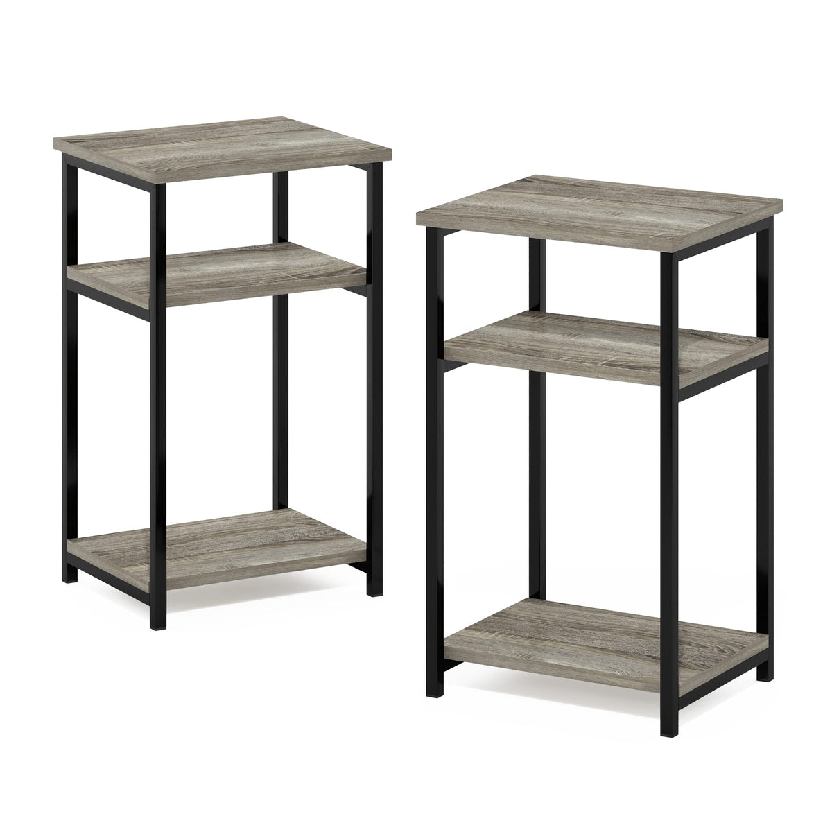 Furinno Just 3-Tier Metal Frame End Table with Storage Shelves, 2-Pack, French Oak