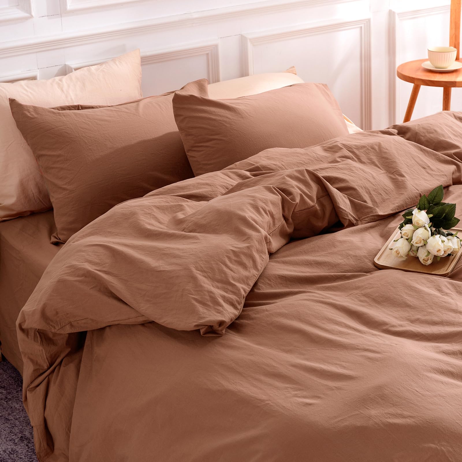 Nexhome Pro Duvet Cover Set King Size Linen Look Organic Natural 100% Washed Cotton Duvet Cover Terracotta Rust Brown 3 Pieces B