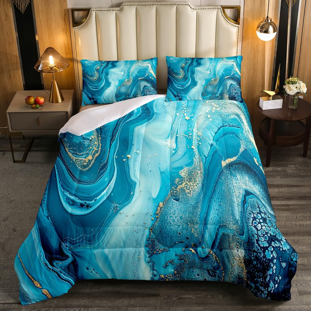 Erosebridal Marble Comforter Set,Teal Blue Marble Down Comforter Gold Liquid Quicksand Design Quilted Duvet,Turquoise Decorative 3 Piece Bedding Set With 2 Pillow Shams,Full Size