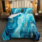 Erosebridal Marble Comforter Set,Teal Blue Marble Down Comforter Gold Liquid Quicksand Design Quilted Duvet,Turquoise Decorative 3 Piece Bedding Set With 2 Pillow Shams,Full Size