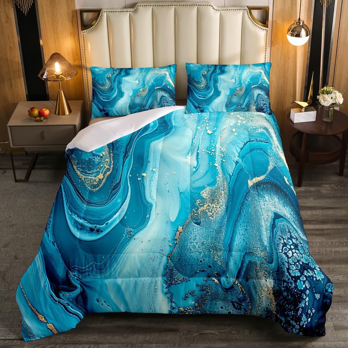 Erosebridal Marble Comforter Set,Teal Blue Marble Down Comforter Gold Liquid Quicksand Design Quilted Duvet,Turquoise Decorative 3 Piece Bedding Set With 2 Pillow Shams,Full Size