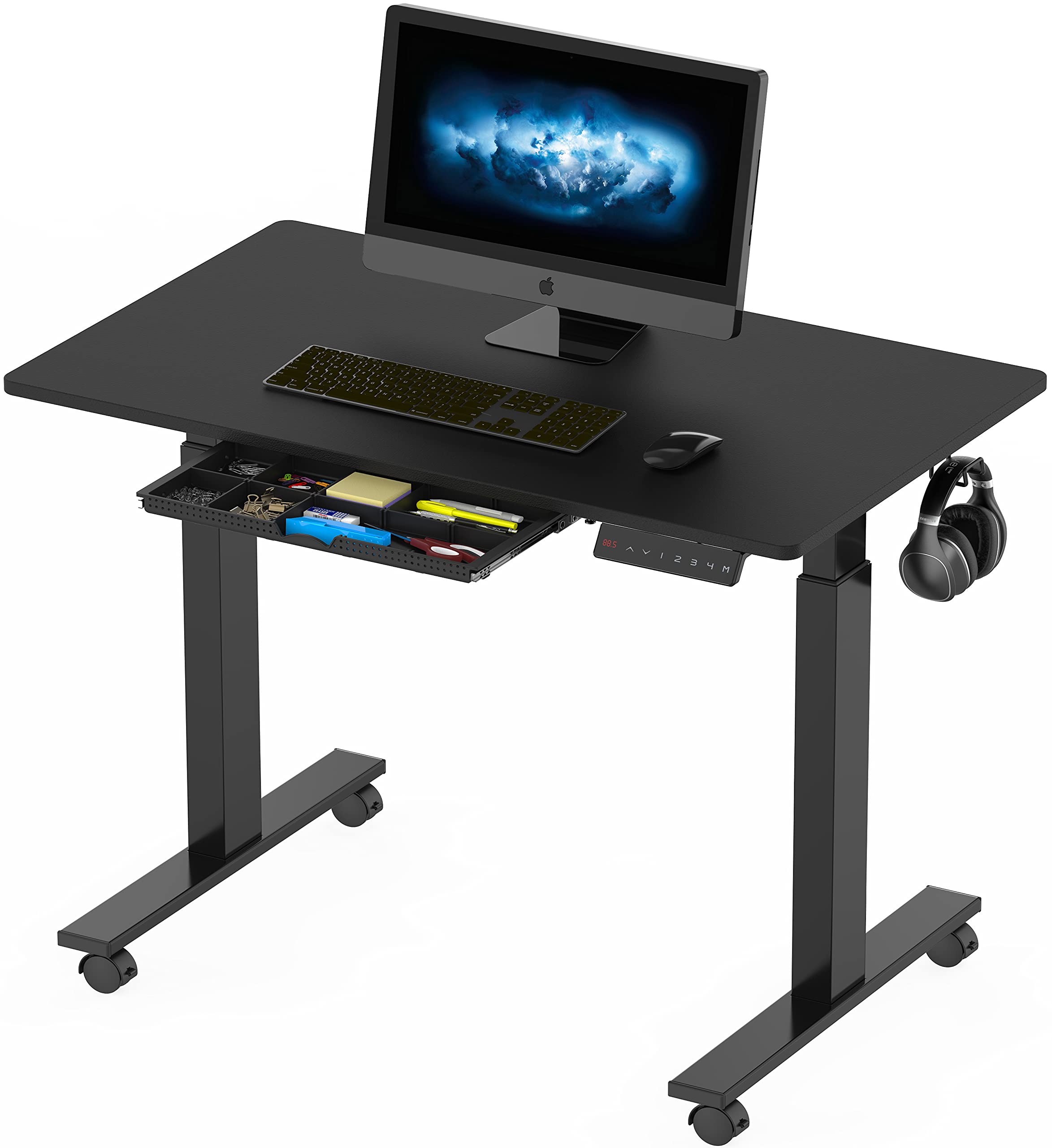 SHW 40-Inch Mobile Electric Height Adjustable Sit to Stand Desk with Drawer, Hanging Hooks and Cable Management, Black