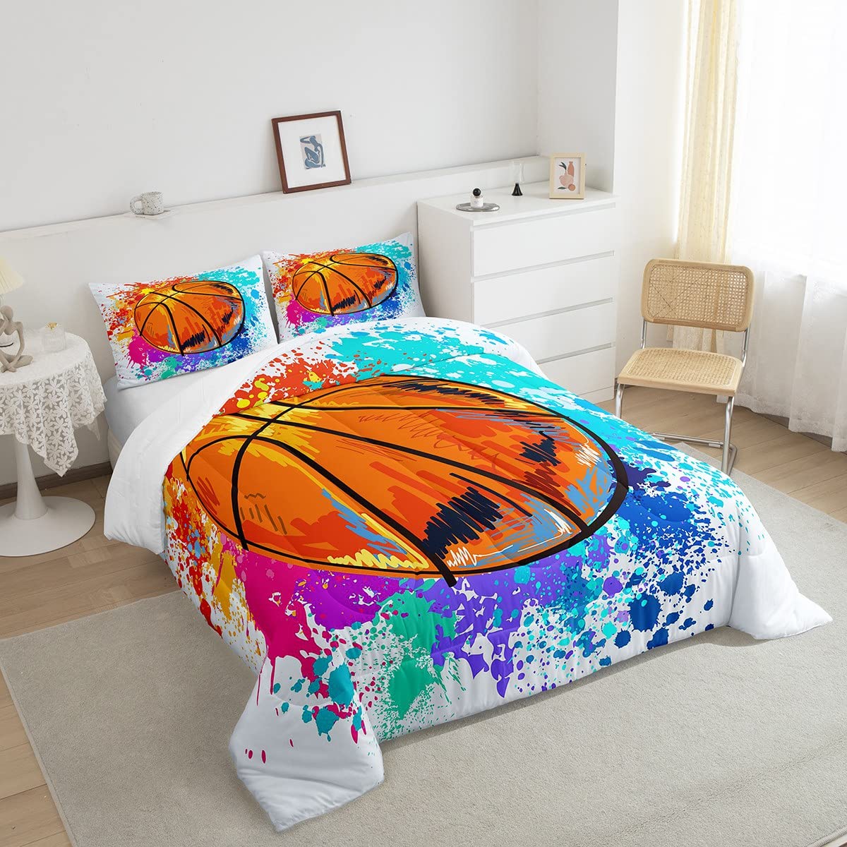 Castle Fairy Basketball Full Size Comforter Set Colorful Tie-Dye Bedding Set For Kids Adults Teens Sports Theme Comforter Luxury Graffiti Hip Hop Quilt Set Room Decor 3Pcs